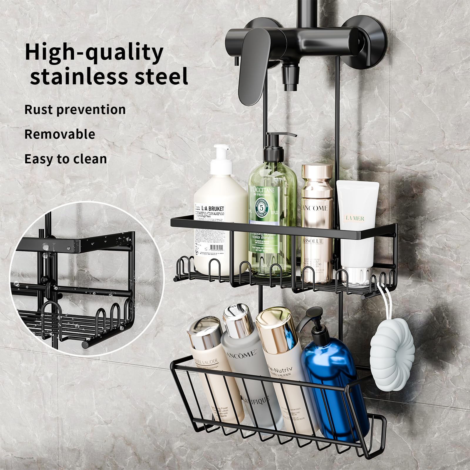 HouseUp Shower Caddy Hanging - Shower Shelf Basket No Drilling, Shampoo Holder for Bathroom Storage Rustproof Black - Image 3