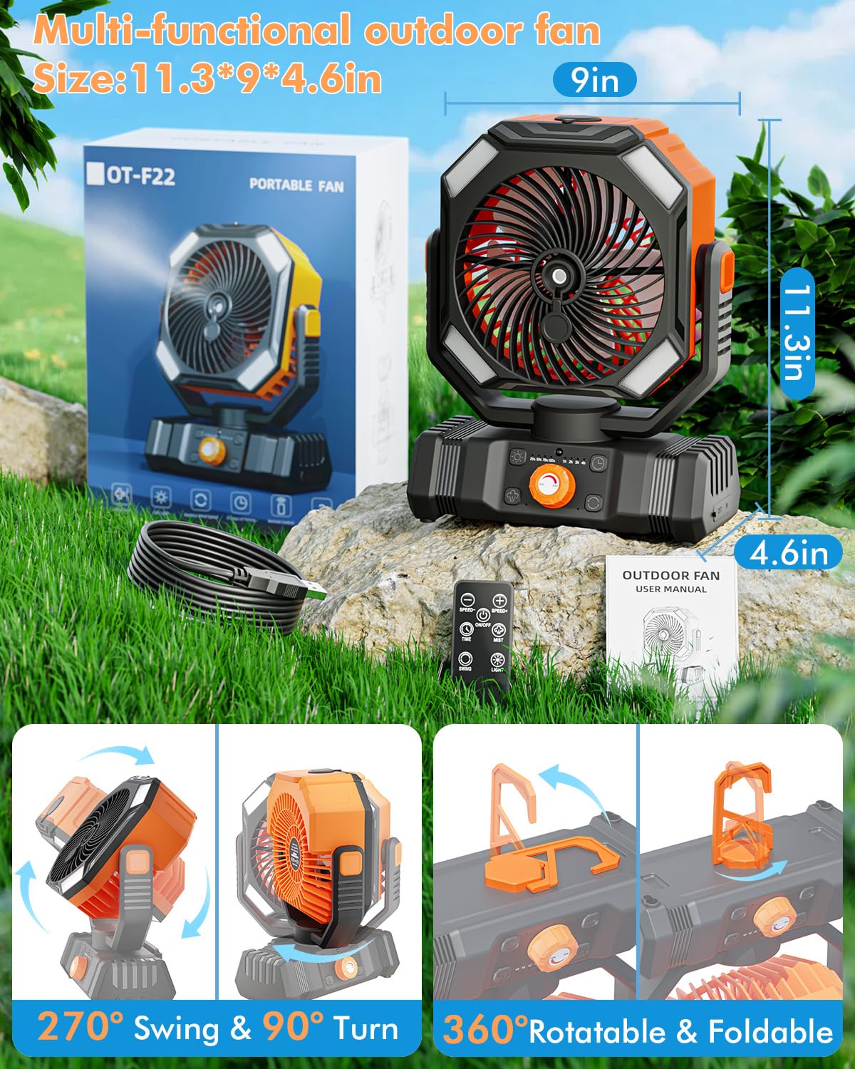 Ventilatore nebulizzatore portatile, ventole di raffreddamento, 20000 mAh, ricaricabile tramite USB, alimentato a batteria, con nebulizzatore, serbatoio dell'acqua da 250 ml e lanterna LED, per