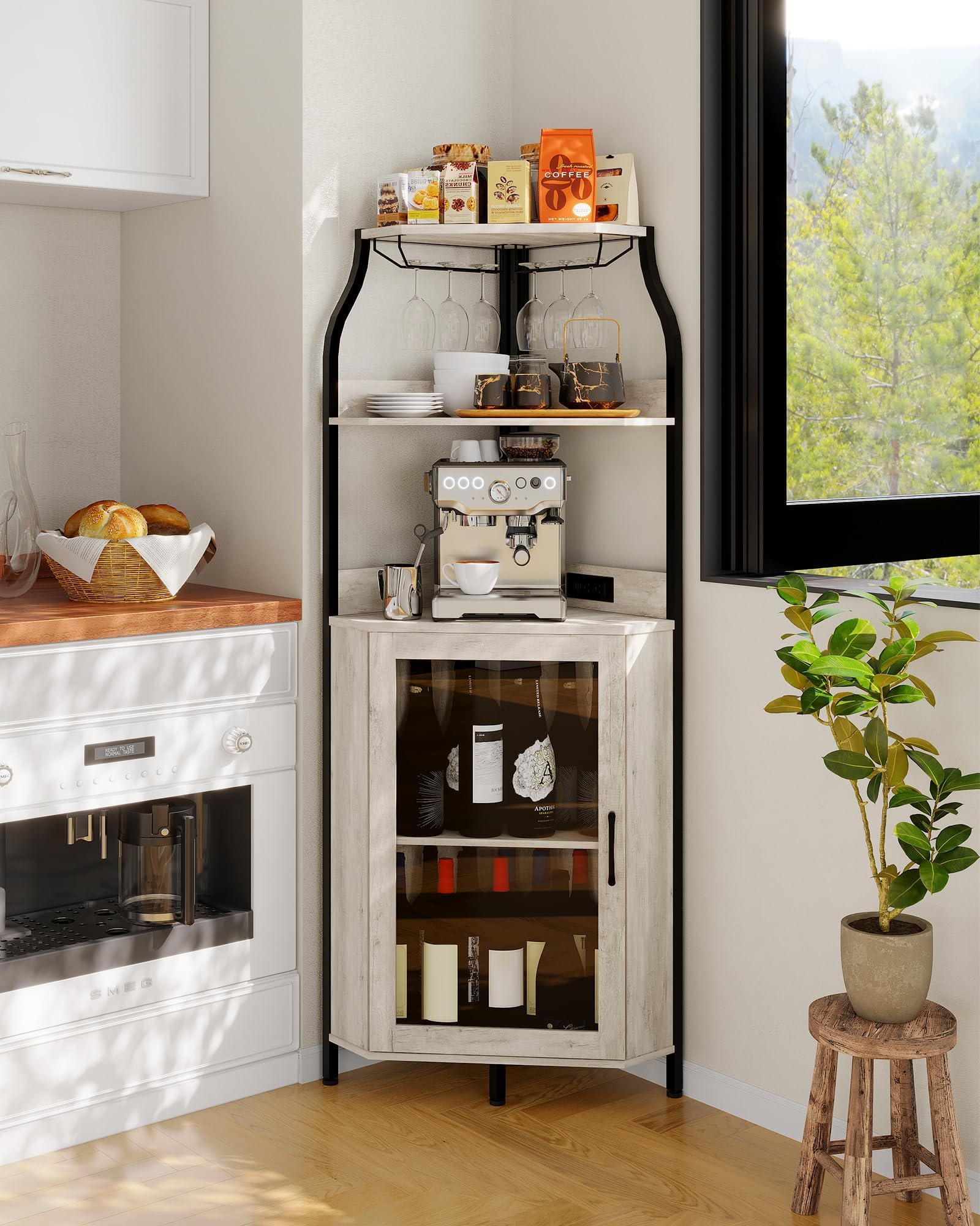 IDEALHOUSE Mueble bar curvo moderno de MDF con vitrina y puerta de vidrio, estantes ajustables, soporte para botellas y copas, iluminación LED, fácil de limpiar, compacto para salón/comedor - Color DE