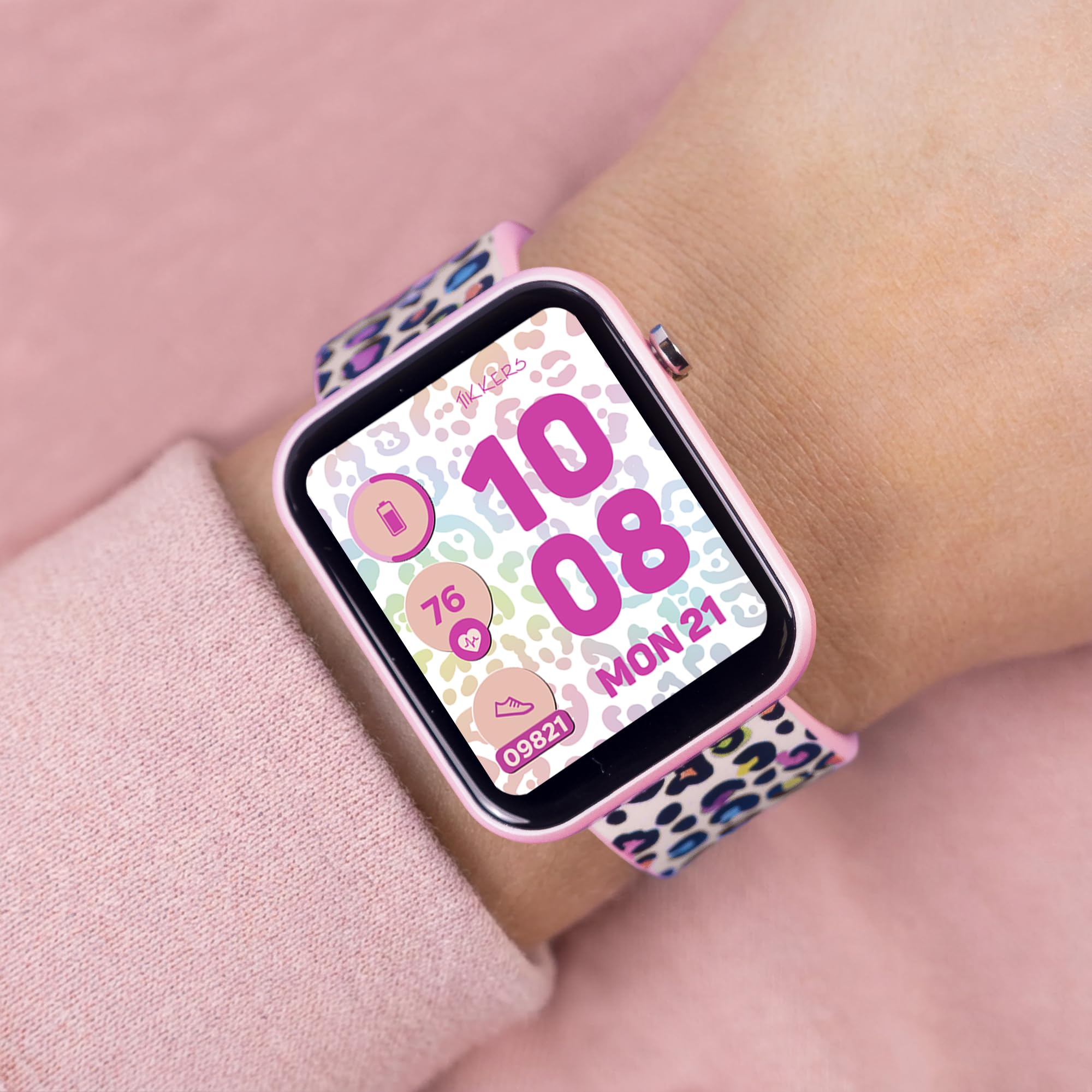 Tikkers Kids Series 13 Leopard Montre intelligente avec moniteur de fitness, réveil, appareil photo, connexion GPS, moniteur de fréquence cardiaque, compteur de pas, écran tactile, IP68, bracelet en