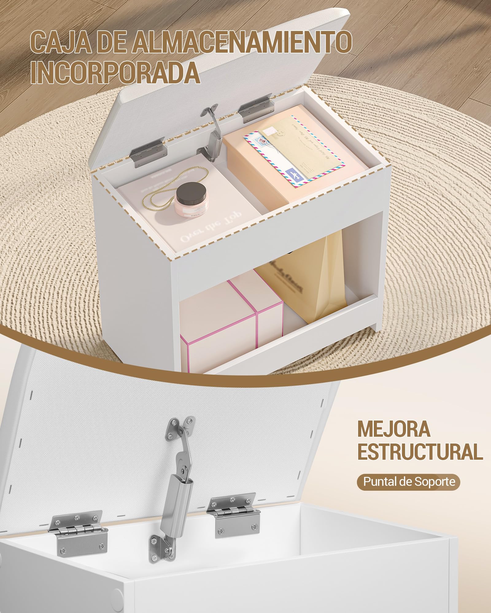 Hzuaneri Taburete de Tocador, Taburete de Maquillaje Tapizado, Blanco | Reposapiés con Almohadilla Antideslizante, Cuenta con Almacenamiento Oculto, para Vestidor, Dormitorio, Entrada, VS32703X