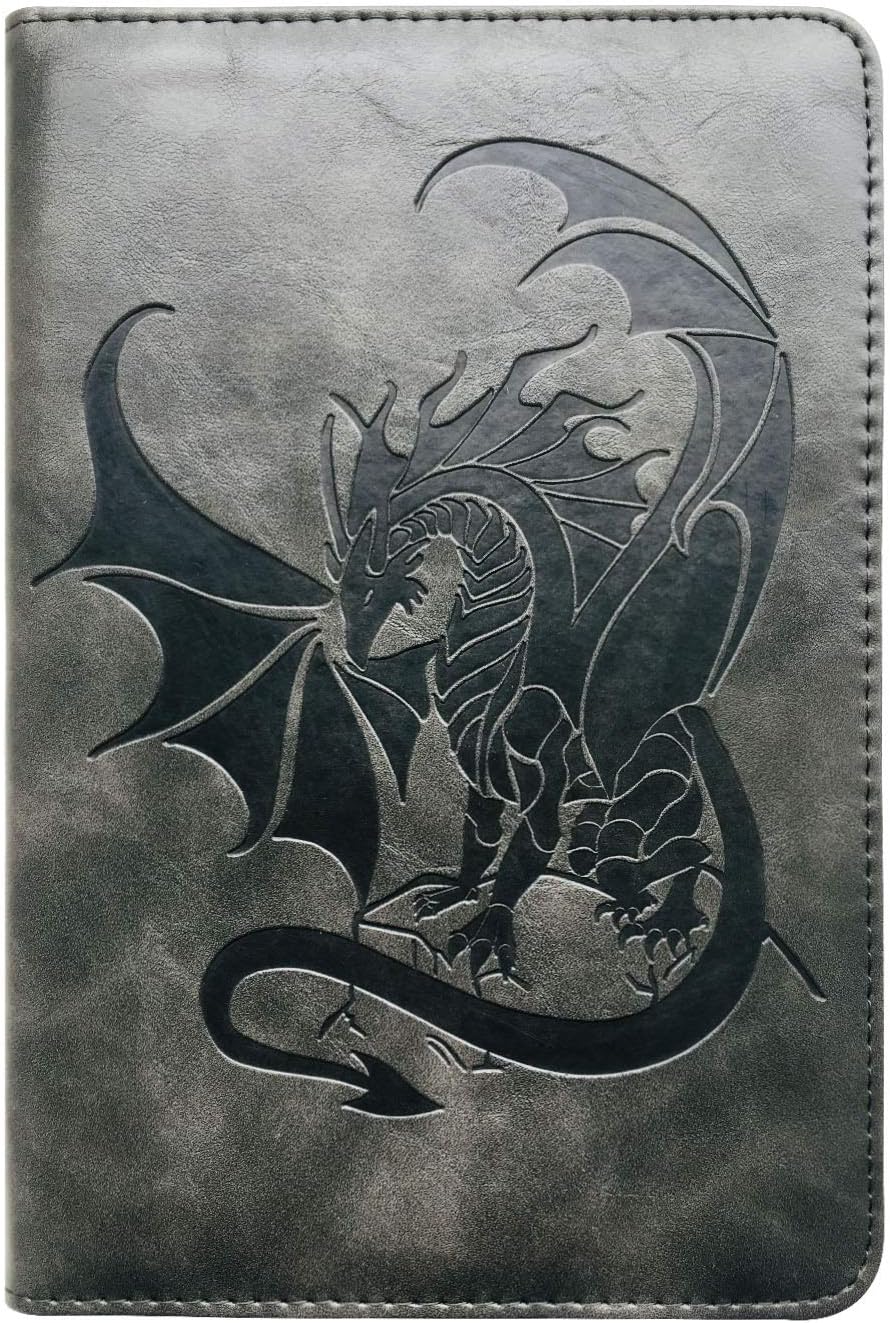 SOHOSPARK Black Dragon Writing Journal, Refillable Faux Leather, Lined Personal Diary for Travel, 6x8.75 Notebook for Writers. Fountain Pen Safe with Lay-Flat Binding
