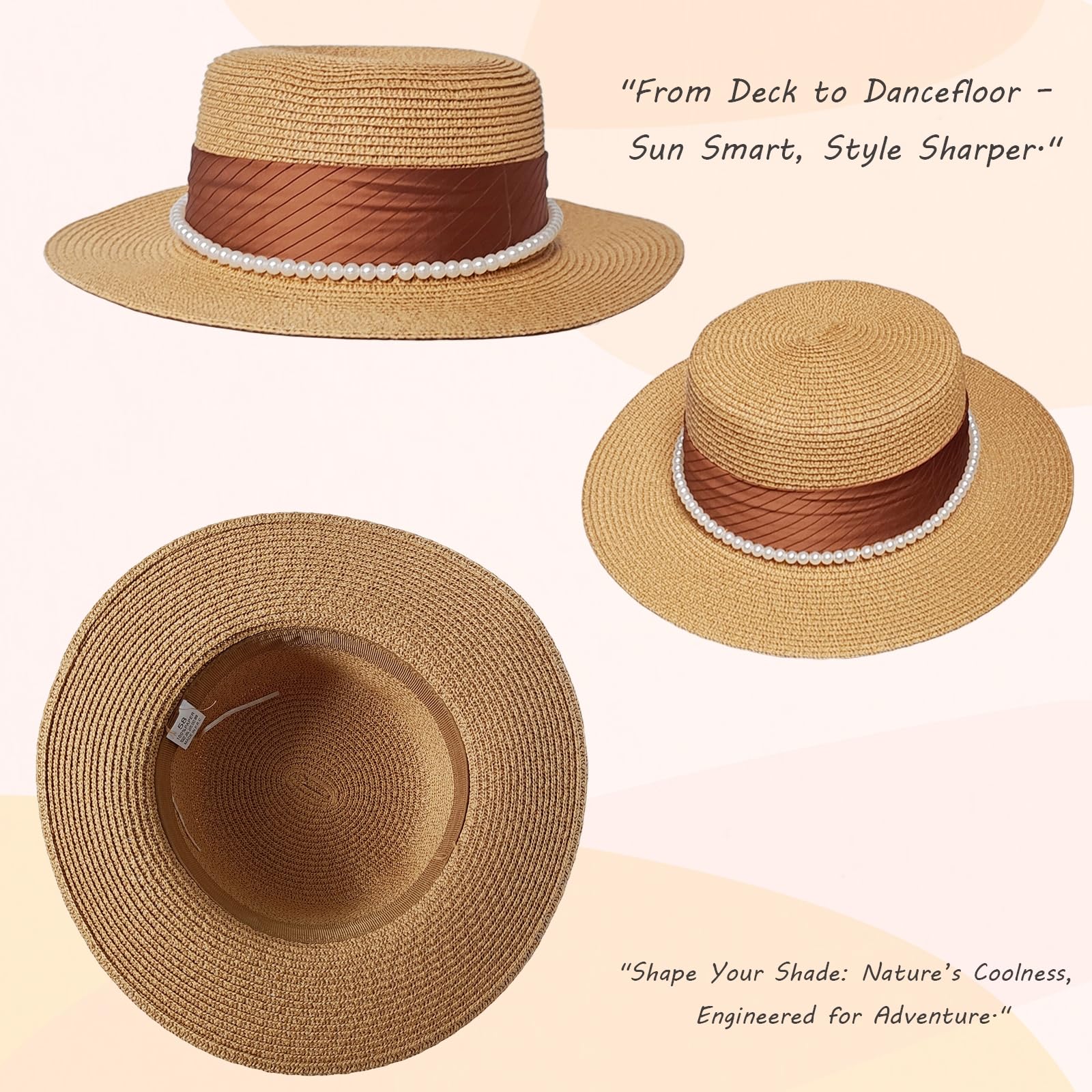 Stroh Sommerhut Damen mit Perlenverzierung - UV-Schutz Flat Top Strohhut Damen Strandhut Breiter Krempe Panamahut für Urlaub Strand und Reisen