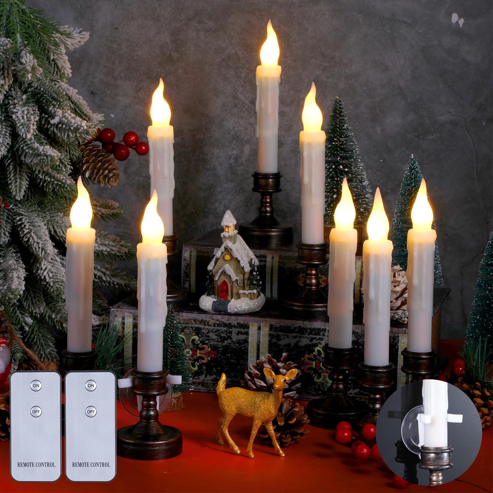 MTLEE 20 Pcs Flameless Window Candles LED Taper Candles, Flameless Ivory LED Window Candles with Heavy Drip Texture Window Suction Cups Christmas Candle Lights for Window Holiday Decorations