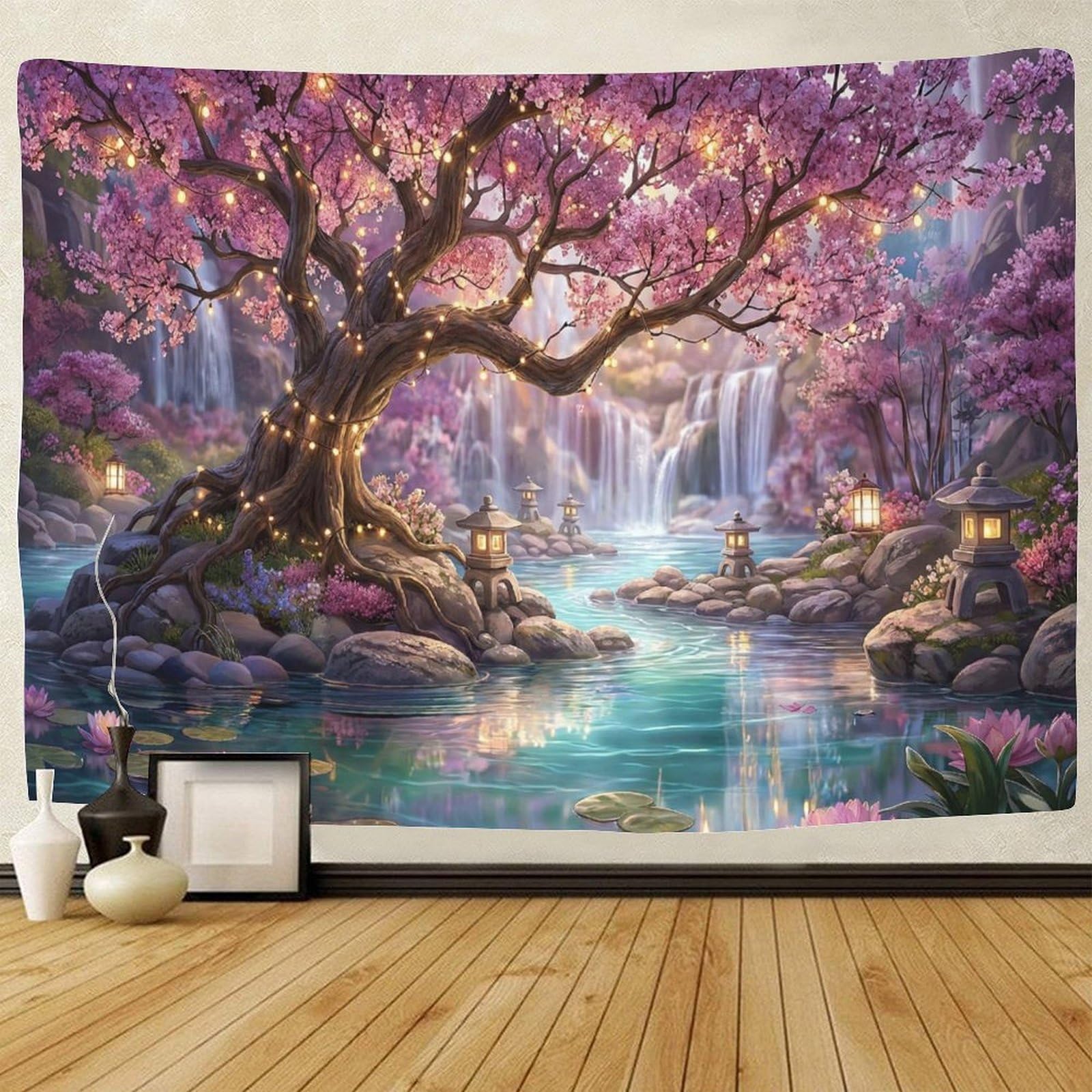 GPMNBCXZK Japanese Cherry Blossom Wall Tapestry Bedroom Living Room Decor Waterfall 3D Printed 100cmx150cm