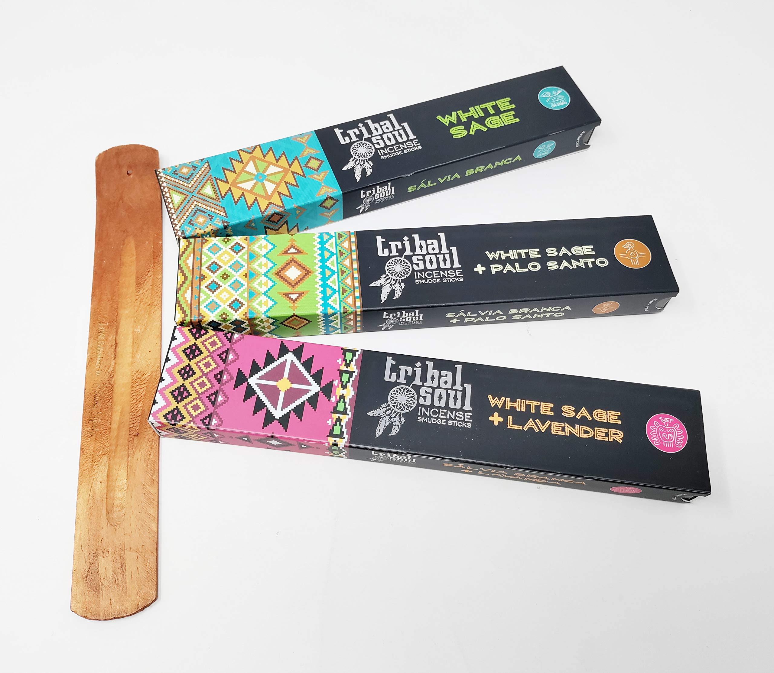 Jrose Collections White/Lavender Tribal Soul Incense Sticks 3 Pack Gift Set – Sage, Sage & Palo Santo, Sage & – Natural Hand-Rolled Smudge Sticks With Wooden Holder – Relaxation & Meditation Set Ts-5