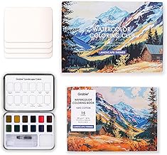 Grabie Landscape-Themed Watercolor Coloring Club Box (including 12 Landscape Type Pocket Set and 15 sheets 140LB Watercolor Coloring Book), Water Colors Paint Adult Set