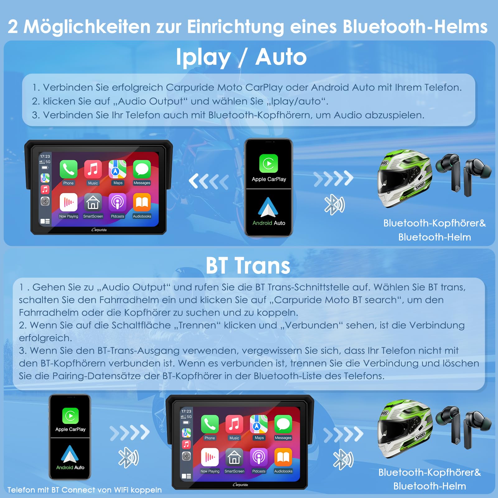 Carpuride W502 Motorrad-Carplay und Android Auto, IP67 Wasserdichtes Tragbares Autoradio, 5-Zoll-IPS-Touchscreen, Navigation/Siri für Motorräder