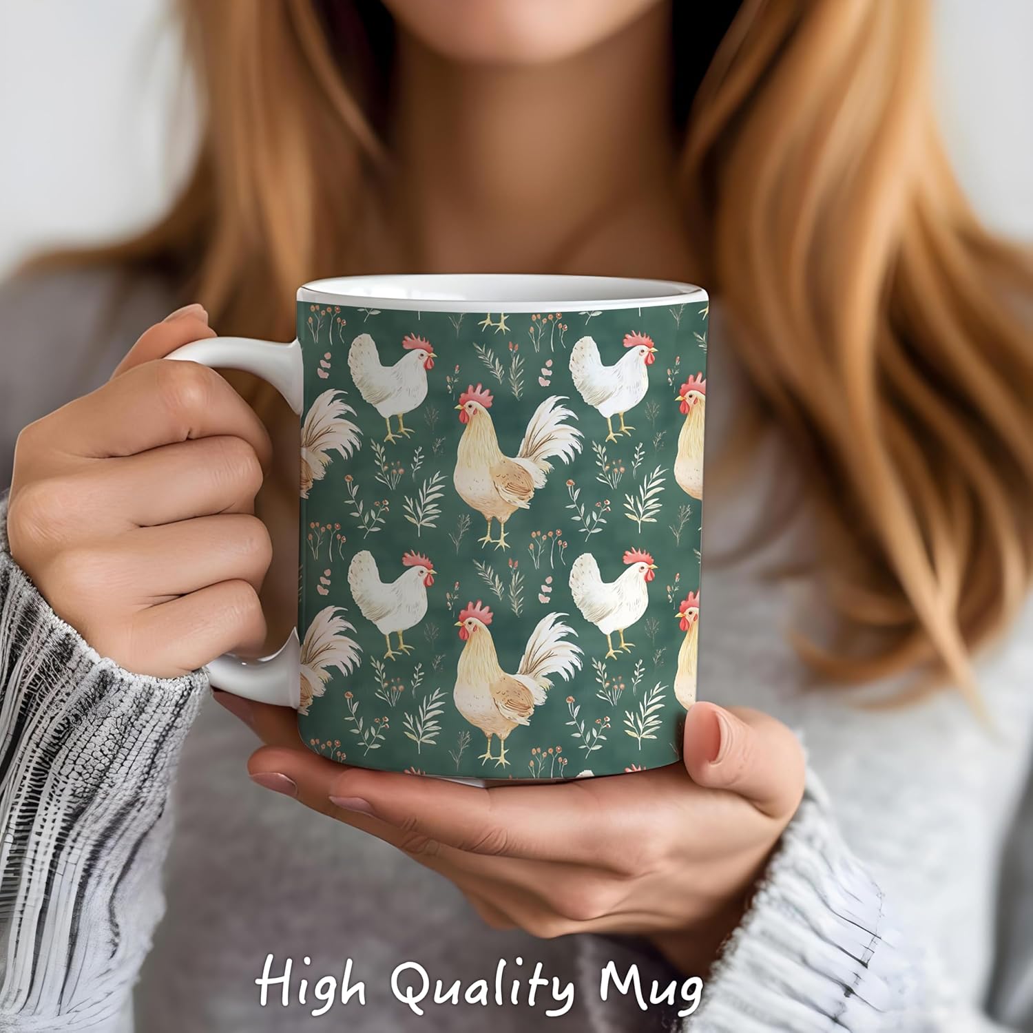 Farmhouse Chicken Floral Mug, Chicken Gifts for Women Mom Lady Coffee Cups Ceramic, Cottagecore Farm Animal Hen Rooster Floral Coffee Tea Mug 11oz - Image 2