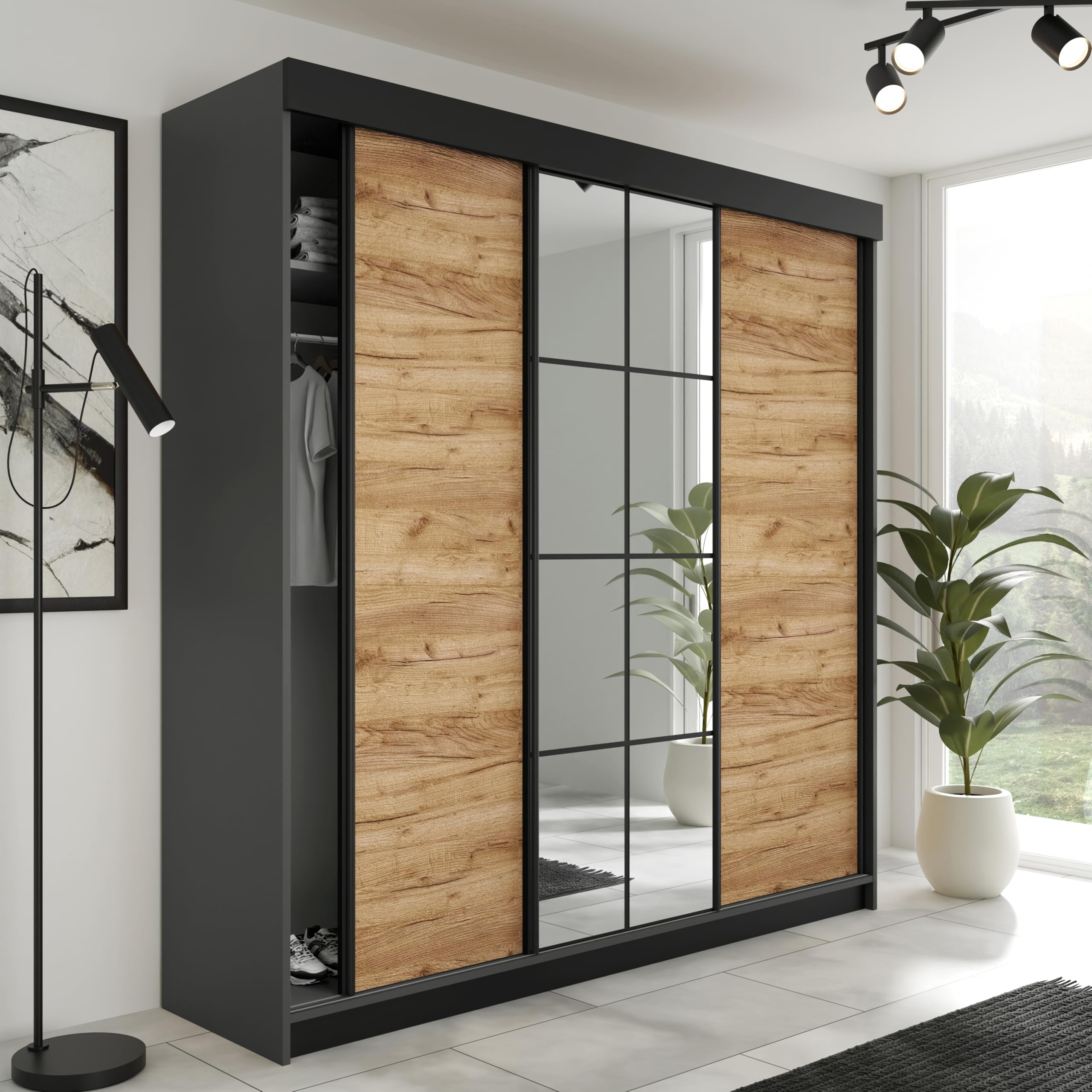 KIER FURNITURE Schiebegarderobe LAMARO mit Spiegel - Schrank Schlafzimmer - Schlafzimmerschrank - Wardrobe Bedroom - Kleiderschränke - Kleiderschrank Weiß - 250x205x59 cm