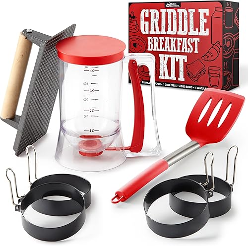 Modern Innovations Kit de desayuno para parrilla, dispensador de masa para panqueques para plancha, prensa de parrilla de hierro fundido para