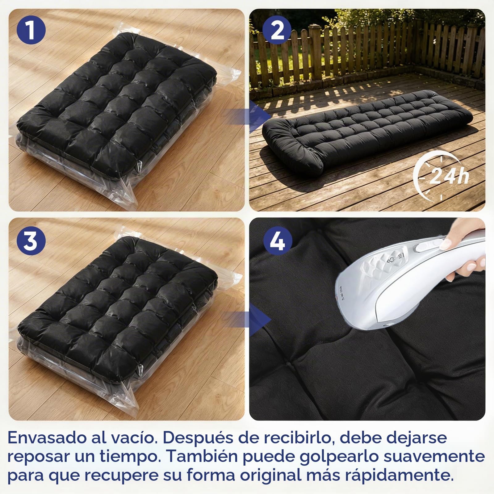 2 Cojines para tumbona de jardín, 170x53x8cm, cojín grueso para tumbona con respaldo alto, antideslizante, reforzado de algodón de primera calidad, cojines resistentes a la intemperie, Negro