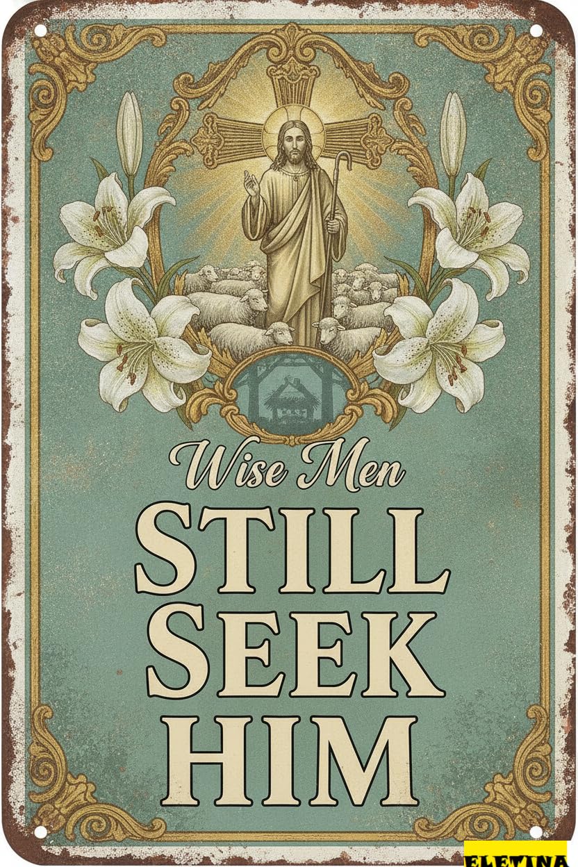 Wise Men Still Seek Him Easter Bible Verse Nativity Scene Cross Vintage Farmhouse Sign Front Porch 8x12in