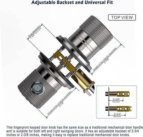 Miniatura 5 de Pomo de puerta de huellas dactilares con teclado y llave, cerradura digital biométrica inteligente con programación de navegación por voz, mango