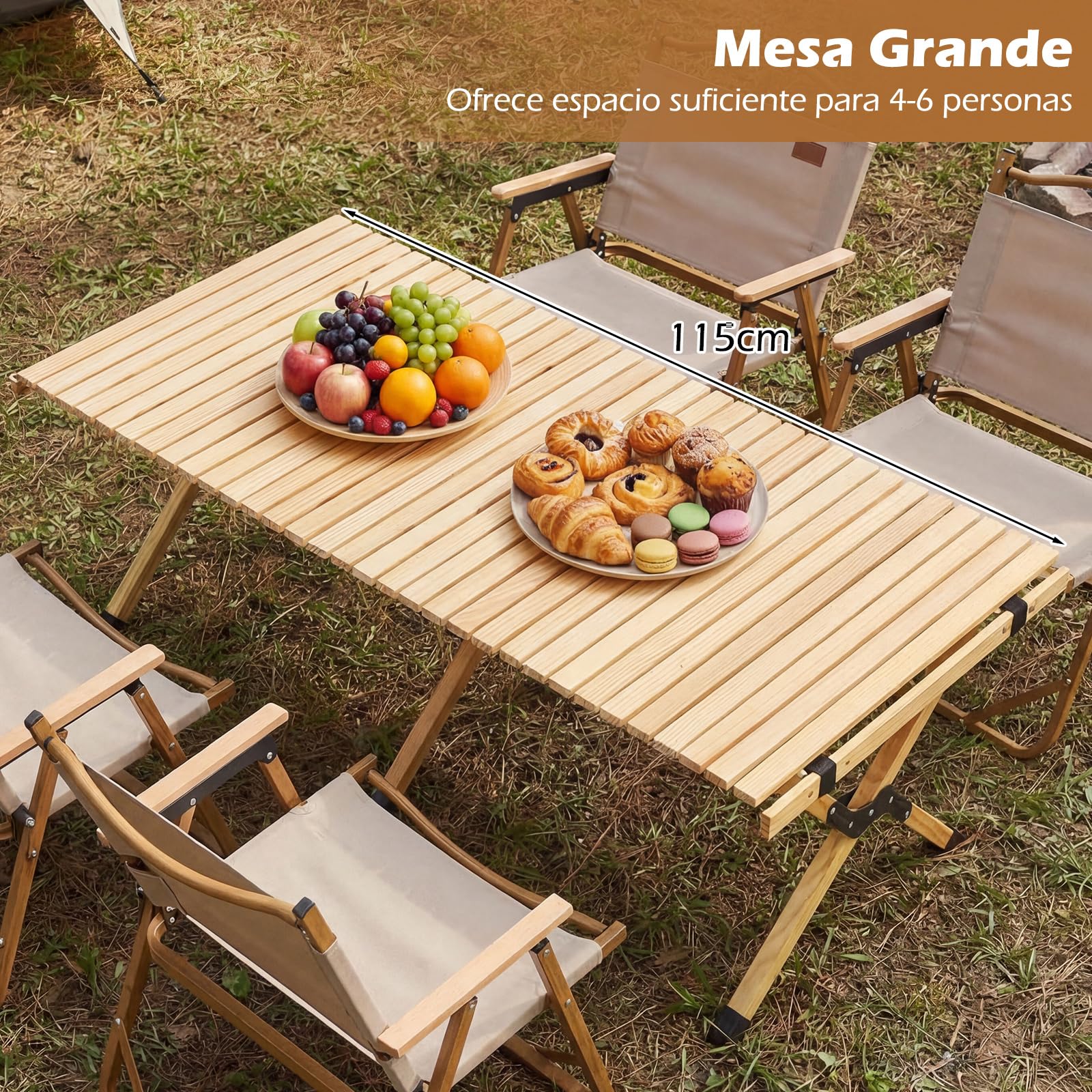 COSTWAY Mesa Plegable Camping, Mesa de Picnic Plegable con Tablero Enrollable de Madera Pino y Bolsa de Transporte para 4-6 Personas, Portátil para Playa, BBQ, Fiestas, 122 x 60 x 45 cm (Natural)