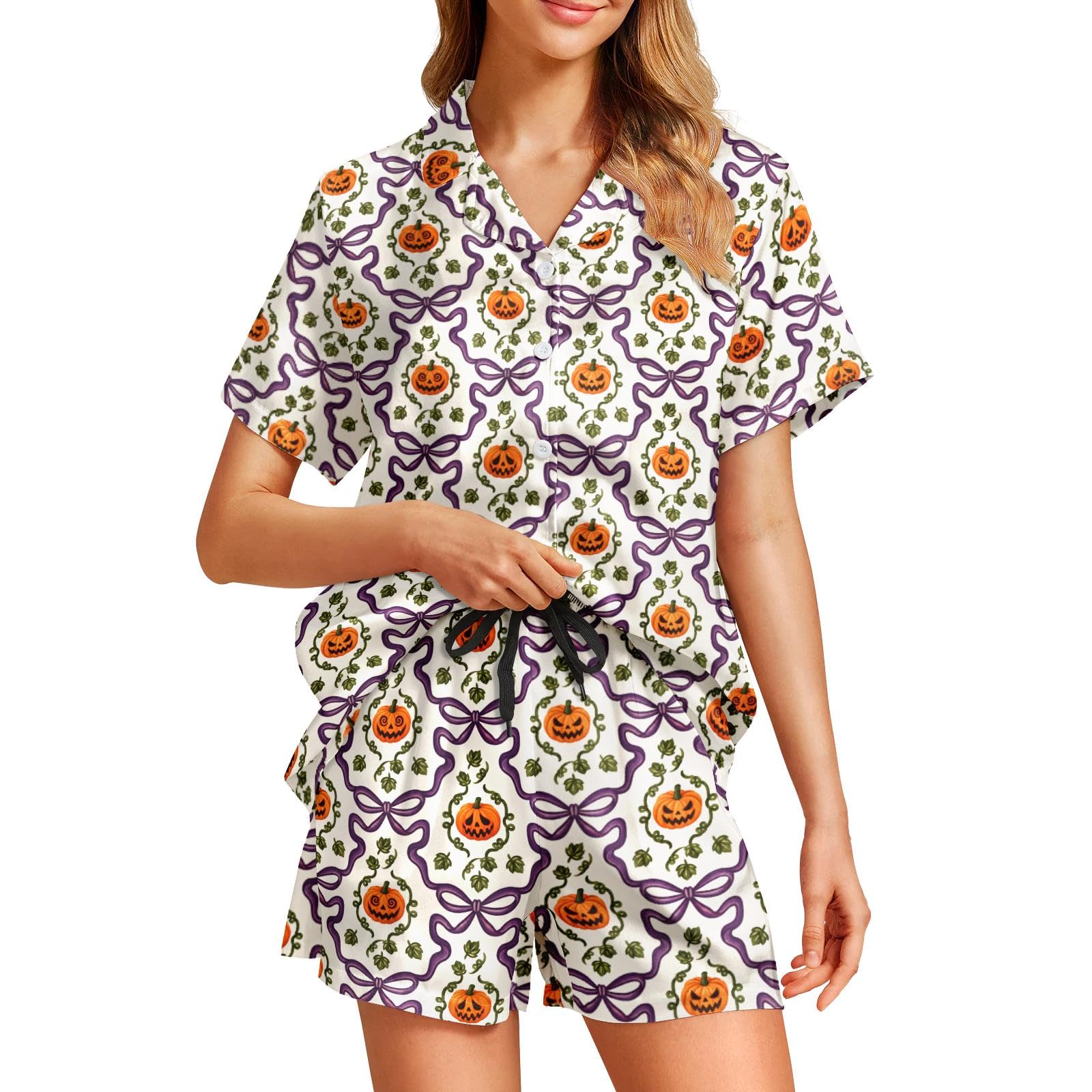 Funny Pajamas for Women Set Print Satin Loungewear Pjs Short Sleeve Button Down Top and Shorts Sets Sleepwear XS-3XL