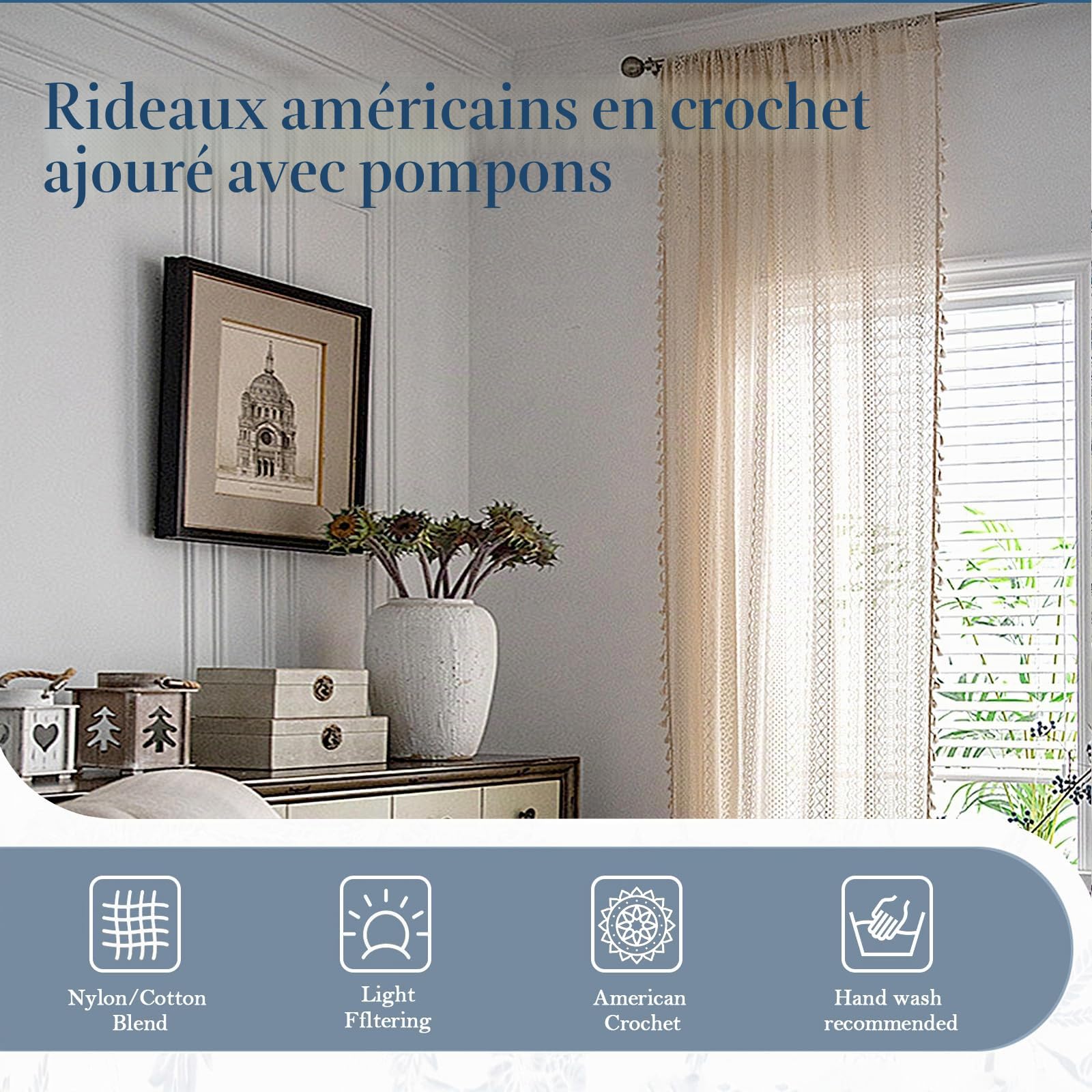 Lot de 2 rideaux en voile - Boho - Macramé - Rideaux vintage - Beige - 150 x 160 cm (L x H) - Pour salon, chambre à coucher
