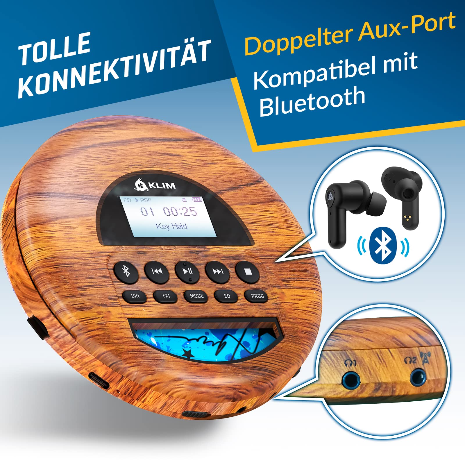 KLIM Nomad Wood – Neuheit – tragbarer CD-Player – integrierter Akku mit langer Lebensdauer – Kopfhörer KLIM Fusion, MP3, TF-Player, tragbares Mini-Radio, Bluetooth – für das Auto