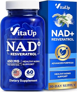 VitaUp NAD+ Resveratrol Supplement - USA Made Trans Resveratrol NAD Supplement 650mg - Nicotinamide Adenine Dinucleotide Capsules for Healthy Aging, Energy & Focus Support - 60 Count