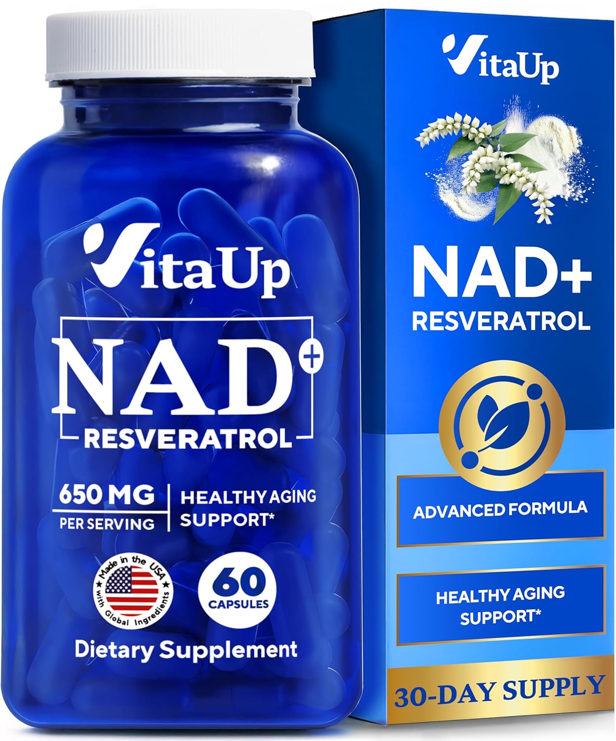 Suplemento de NAD+ com Resveratrol - Fórmula USA com 650mg de Trans Resveratrol - Cápsulas de Nicotinamida Adenina Dinucleotídeo para Envelhecimento Saudável, Energia e Suporte ao Foco - 60 Cápsulas