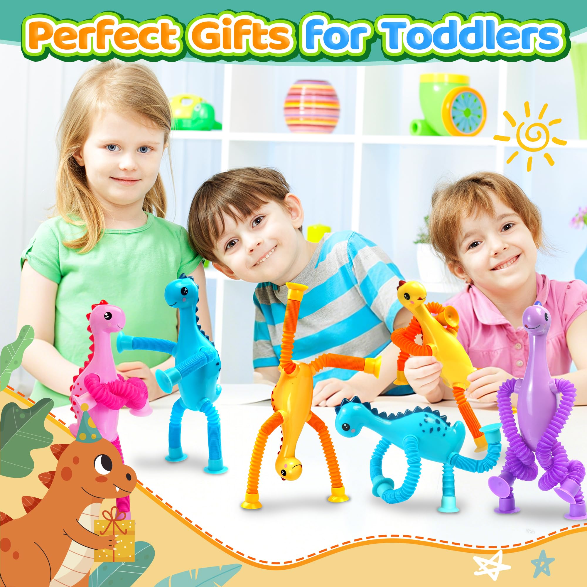 Valentines Day Gift for Toddlers Kids 4Pcs Dinosaur Airplane Travel Toys for Kid Boys Girls Sensory Suction Cup Tube ADHD Autism Road Trip Car Activities Essential Stocking Stuffer Easter Basket Gifts 2