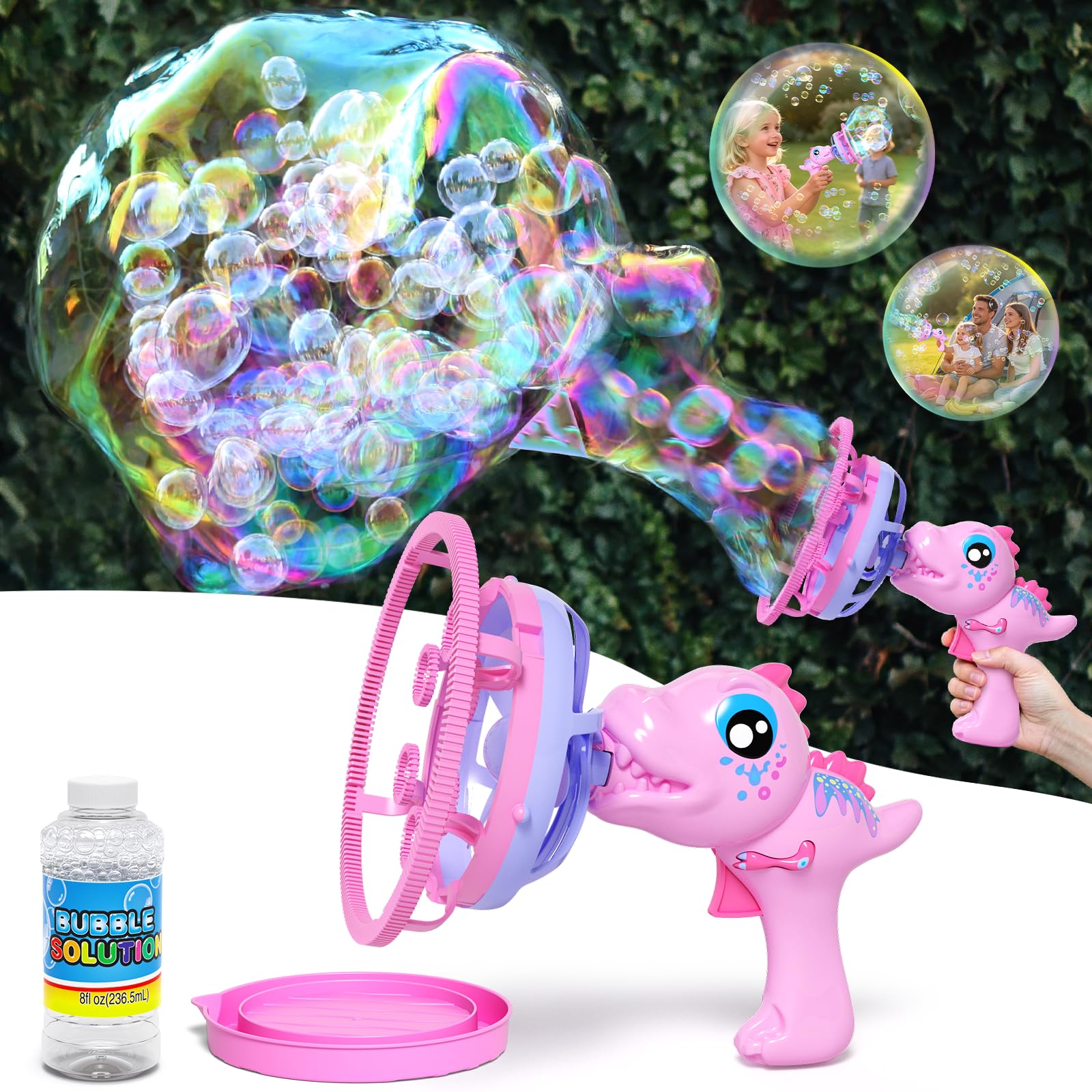 Dinosaur Bubble Gun for Girls, Pink Outdoor Bubble Machine Toy Ages 3-8