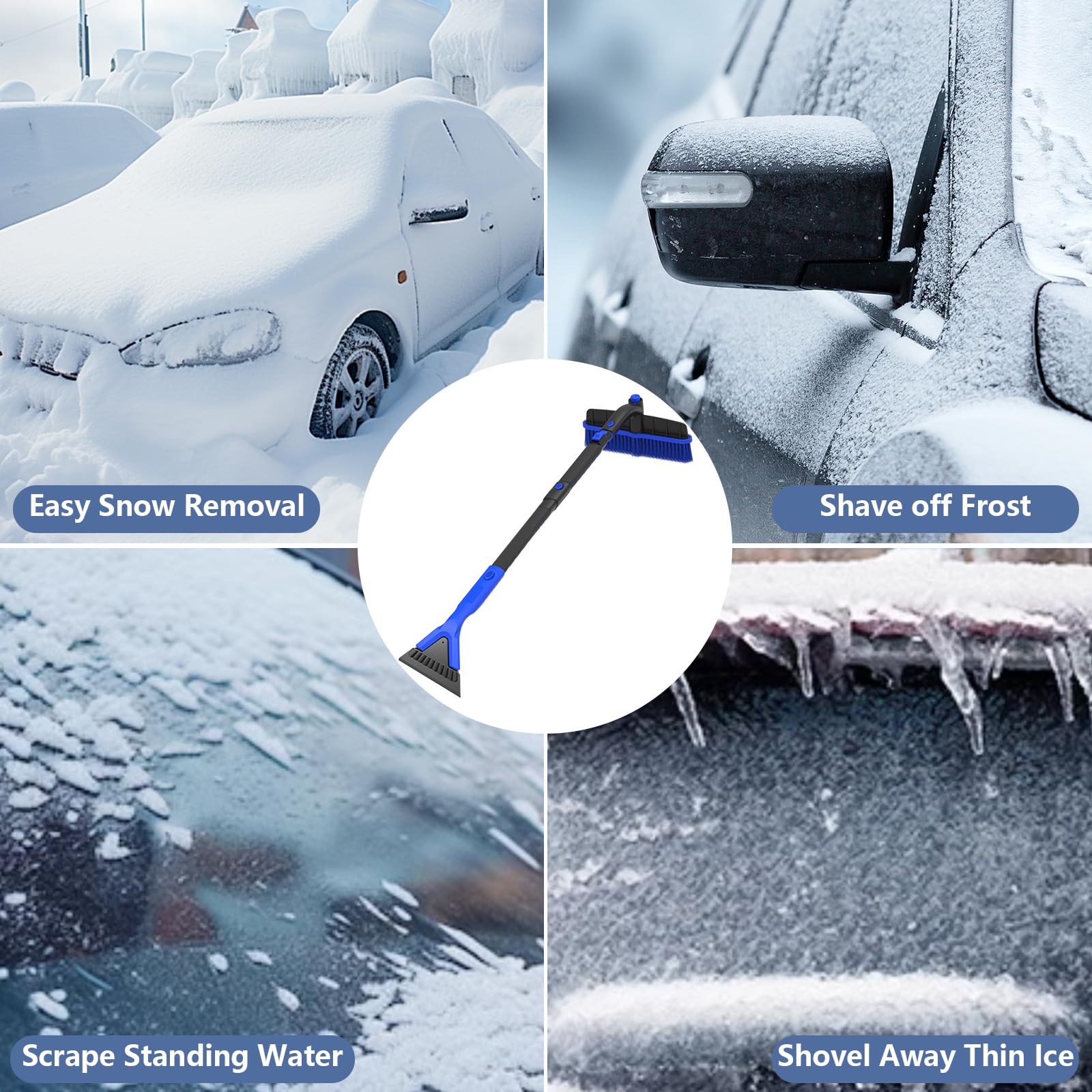 Rascador de hielo de 47 pulgadas y cepillo de nieve extensible para parabrisas de coche, 2 en 1, cabezal de cepillo de nieve giratorio de 360° con agarre de espuma para Navidad, automóvil, camión, SUV