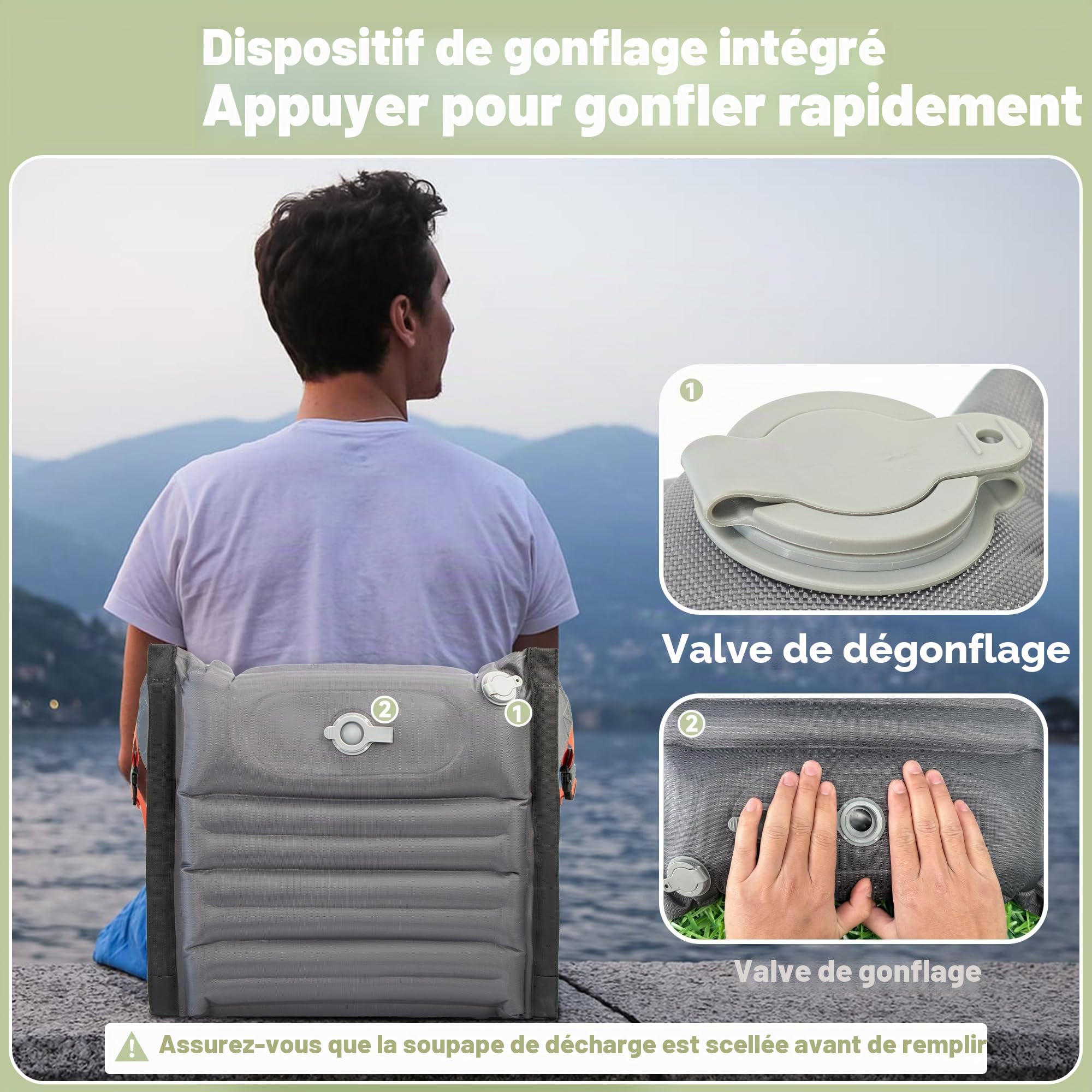 ONTYZZ Sièges de Stade Gonflable Coussin Extérieur avec Réglable Dossier Léger Pliantes Chaise Sol Coussin Siège pour Pique-Nique Concerts Jardin Balcon Pêche Camping Chaises