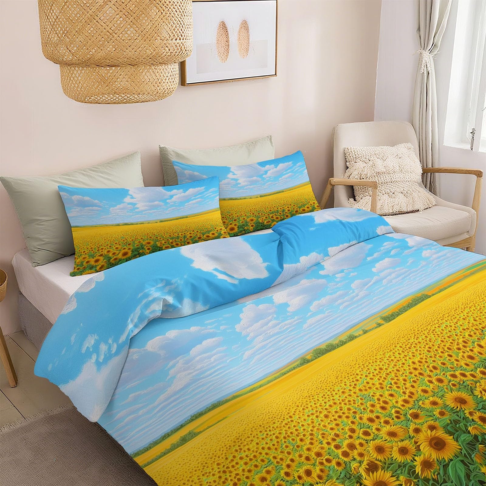 Poszewka na kołdrę 155 x 220 cm, nowoczesny zestaw pościeli premium, 100% mikrofibra, 3-częściowa poszewka na kołdrę + 2 poszewki na poduszkę 80 x 80 cm, słoneczniki, pola kwiatów, krajobraz renforcé