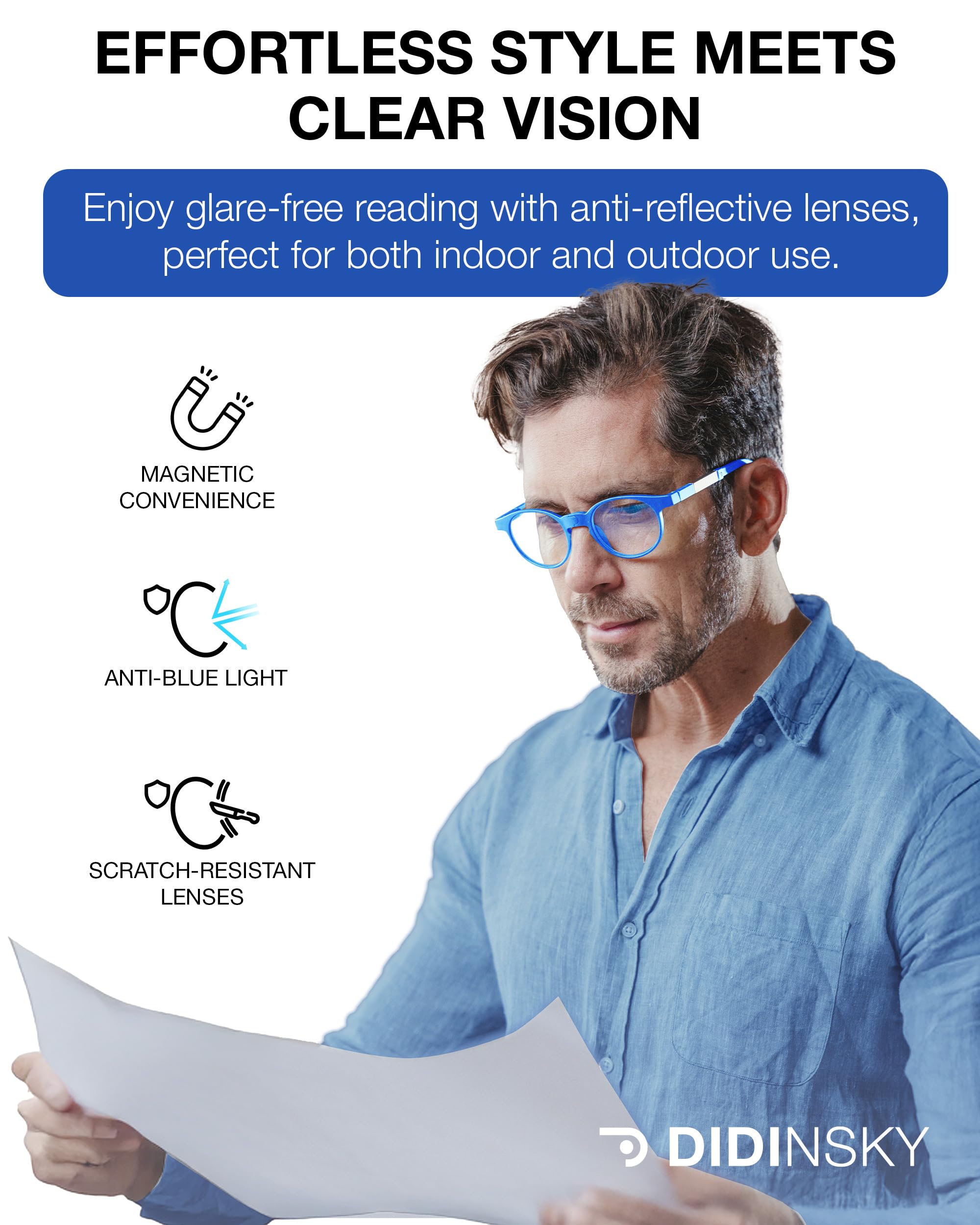 DIDINSKY Krik Occhiali da Lettura Magnetici, Anti Luce Blu | Chiusura magnetica frontale · Per leggere da vicino · Anti luce blu · Ingrandimento +1.0 a +3.0 · Custodia inclusa