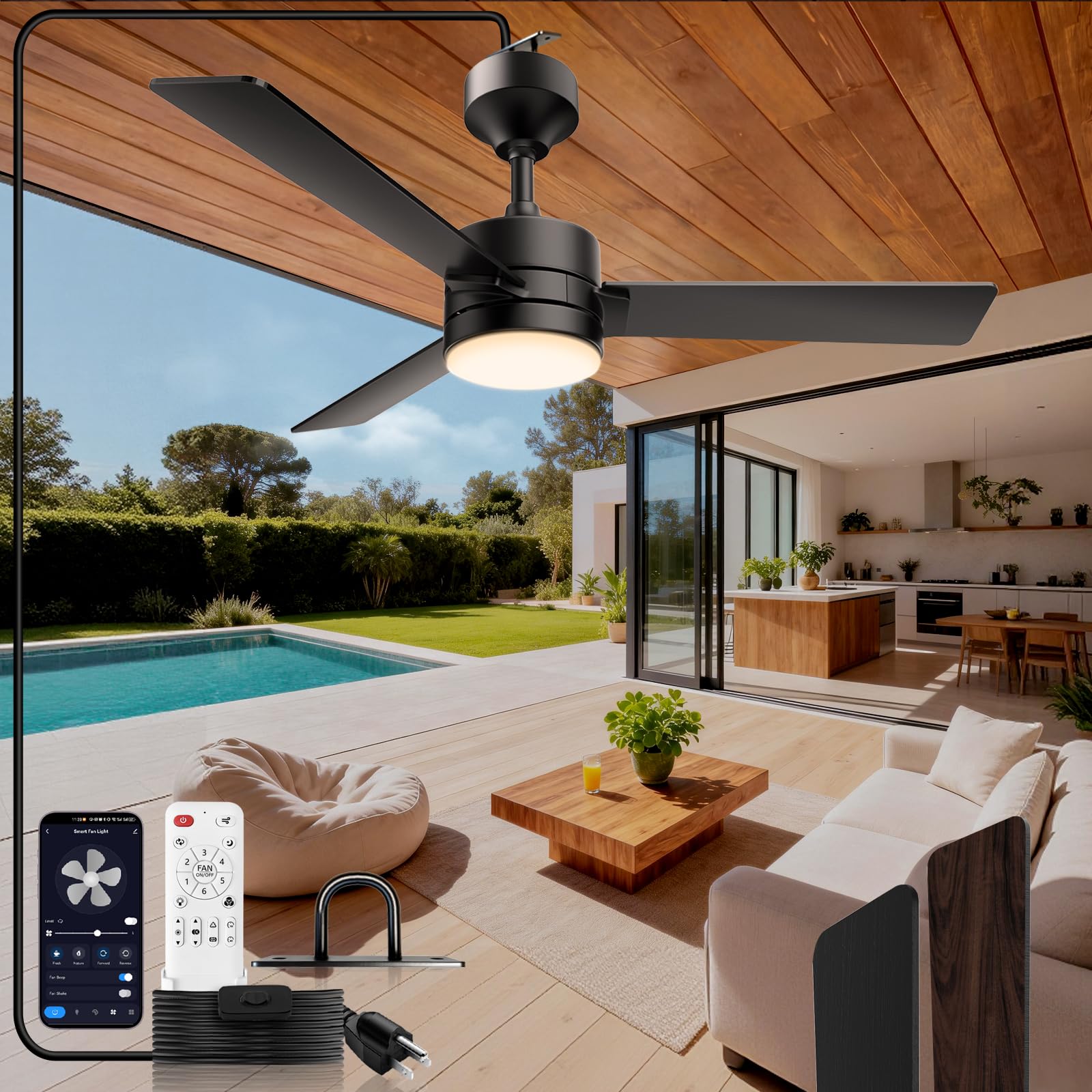 42 Inch Outdoor Ceiling Fans with Lights,Gazebo Hanging Fan with Hook and 16Ft.Cable,Plug in Ceiling Fan Light with Remote Control,3000-6500k,6-Speed,Hanging Fan for Gazebo,Balcony,Patios,Porch.