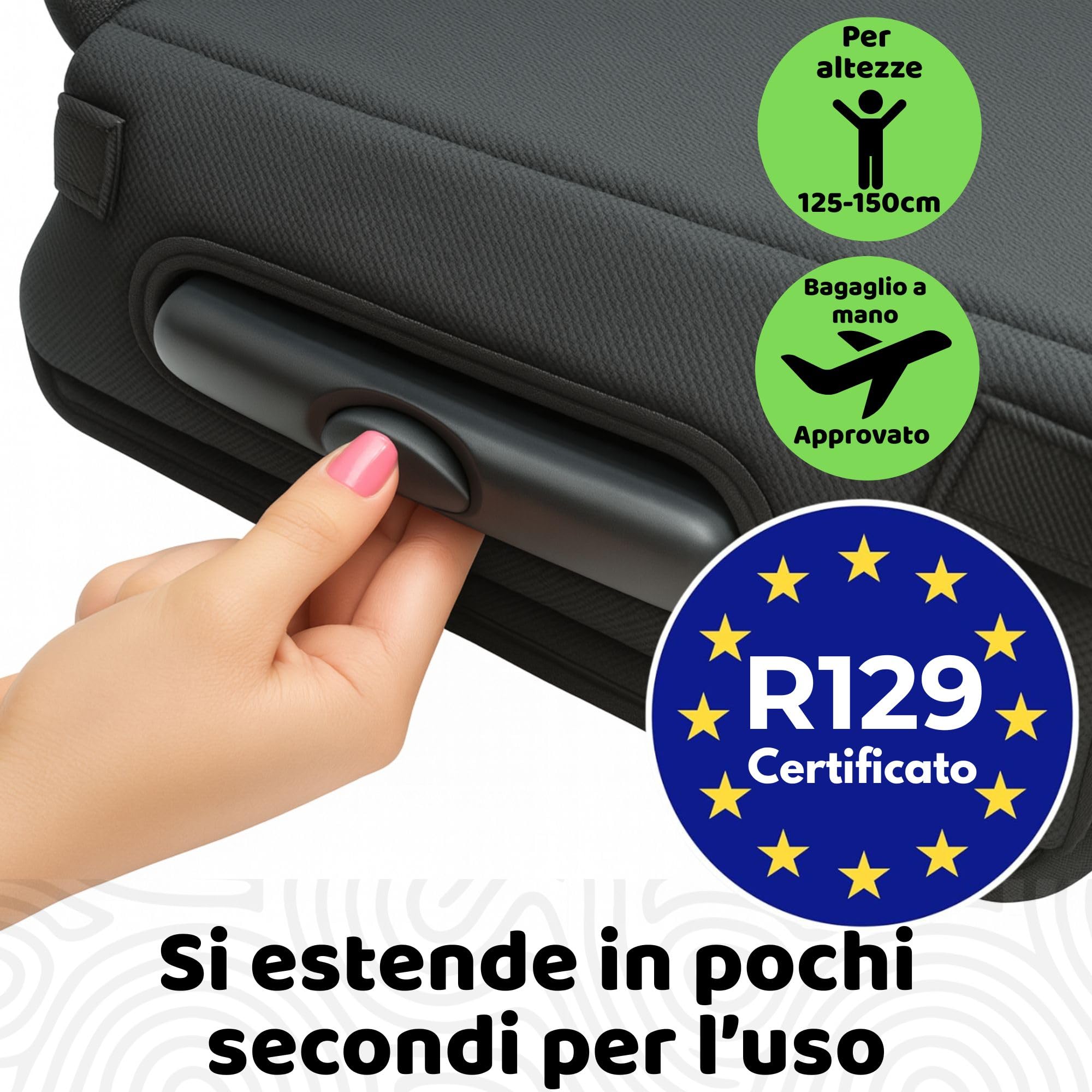 BubbleBum Teleport, rialzo per auto con schienale scoperto, telescopico portatile, ideale per l'uso quotidiano e pieghevole per viaggi, certificato R129, altezza da 125 cm a 150 cm, nero
