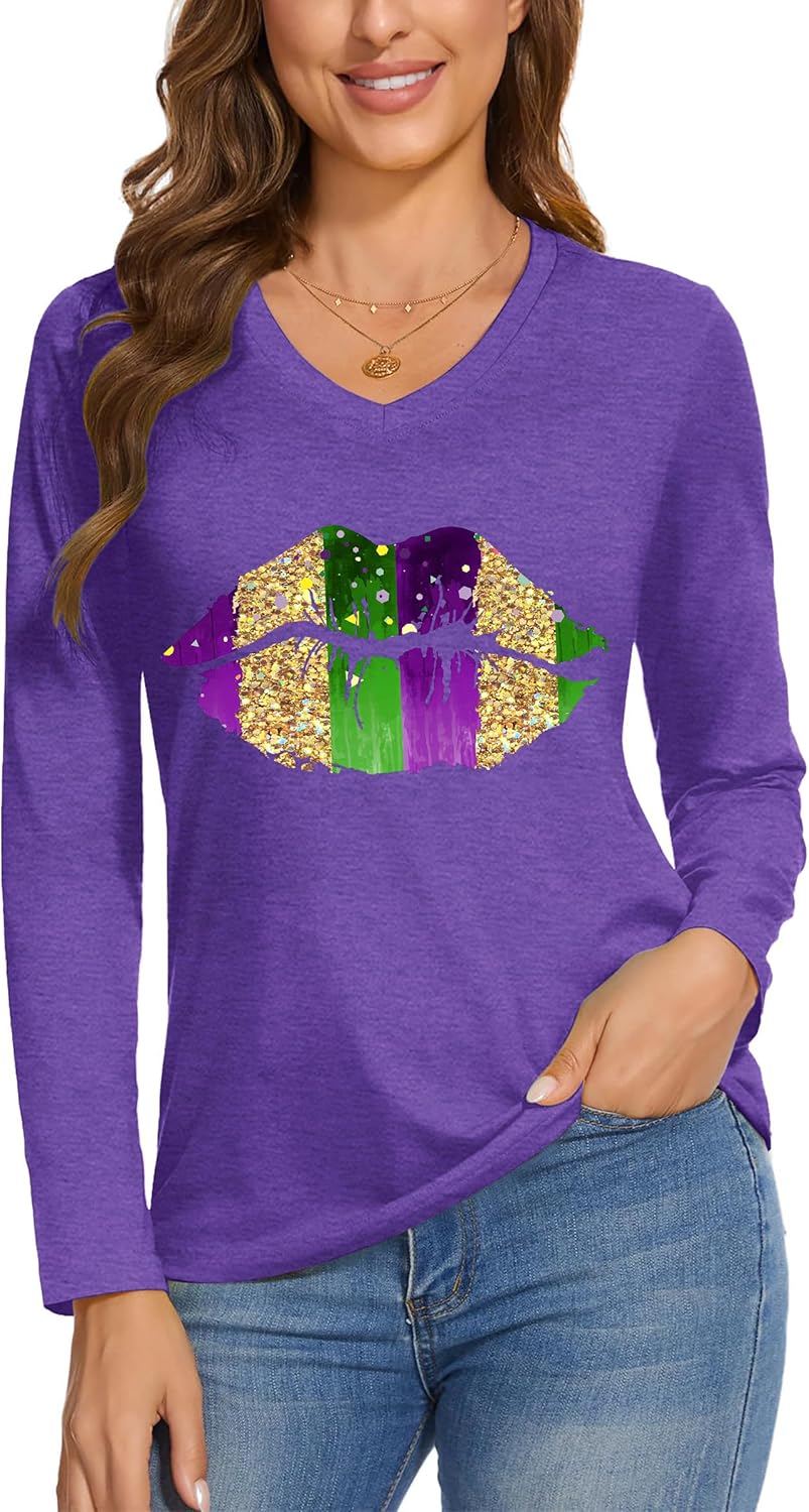 Mardi Gras Shirts Women: Fat Tuesday Shirt Carnival Mask Graphic Tee New Orleans Party Long Sleeve V Neck Top - Image 2