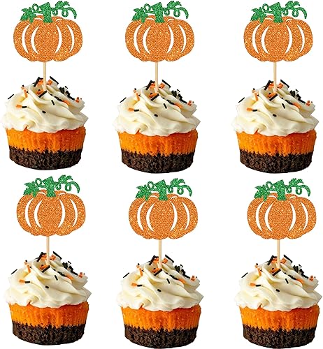 Rsstarxi Paquete de 24 adornos de calabaza para cupcakes con purpurina para baby shower, cumpleaños, decoración para calabaza, otoño, Acción de