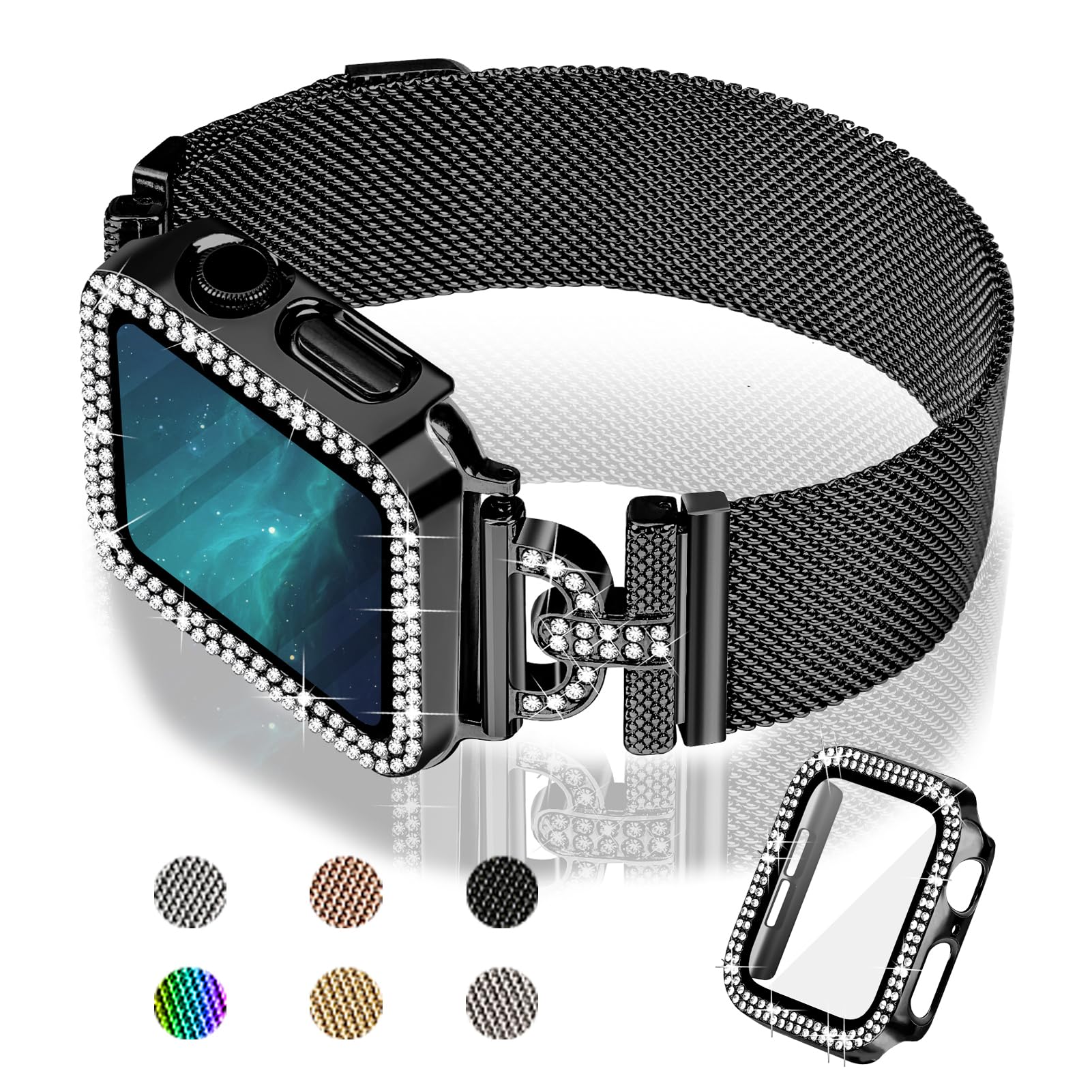 JOYOZY Magnetic Band Compatible with Apple Watch Band 38mm 40mm 41mm 42mm 44mm 45mm 46mm Milanese Strap with Bling Glitter Case Built-in Screen Protector Dressy Stainless Steel iWatch Loop for Women