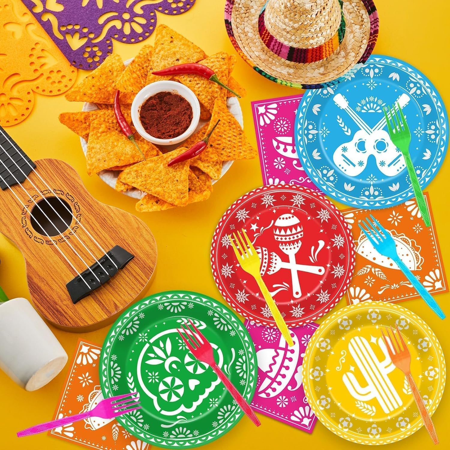96 Pcs Mexican Fiesta Tableware 5 De Mayo Party Supplies for 24 Guests Mexican Papel Picado Disposable Plates Napkins for Party Decorations Fiesta Taco Carnival Birthday Baby Shower Favors