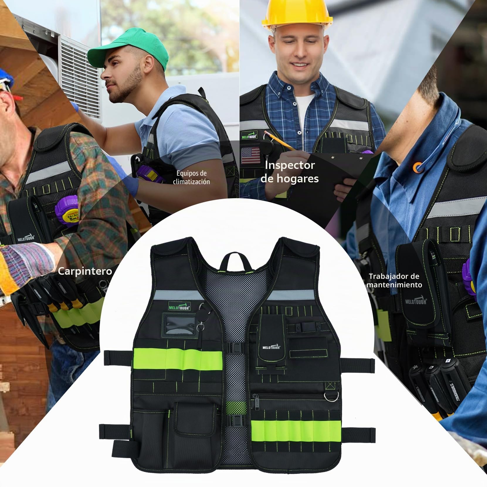 MELOTOUGH - Chaleco de trabajo de seguridad con correas ajustables, soporte extraíble para teléfono para electricista, construcción, carpinteros
