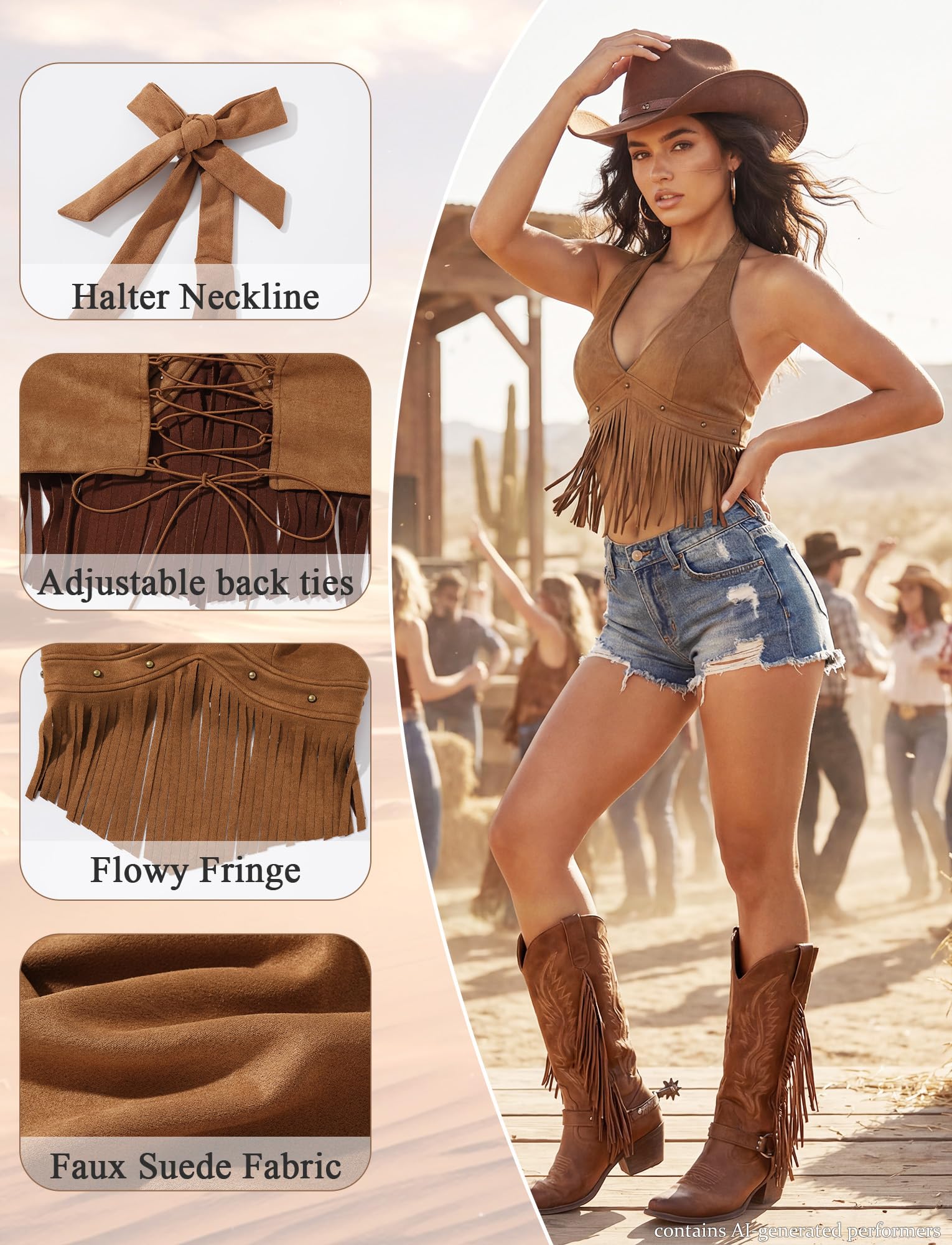 Maeau Haut court sexy en daim synthétique pour femme - Style western Y2K - Années 70 - Franges - Débardeur d'été court à pompons - Sans manches - XS à L