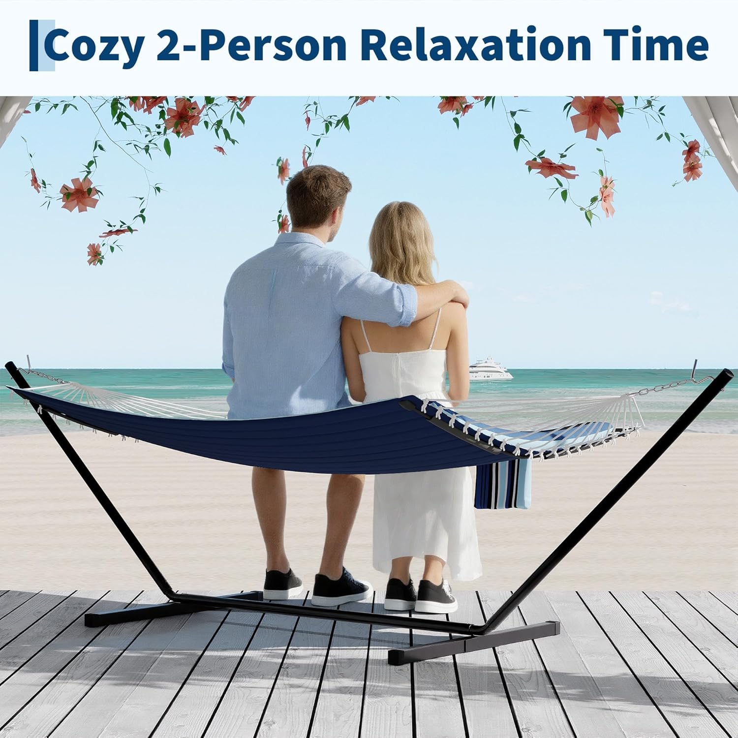 12 FT Double Quilted Fabric Hammock with Spreader Bar & Detachable Pillow, 450 LBS Capacity 2 Person Hammock, Indoor Outdoor for Patio Backyard Poolside Garden