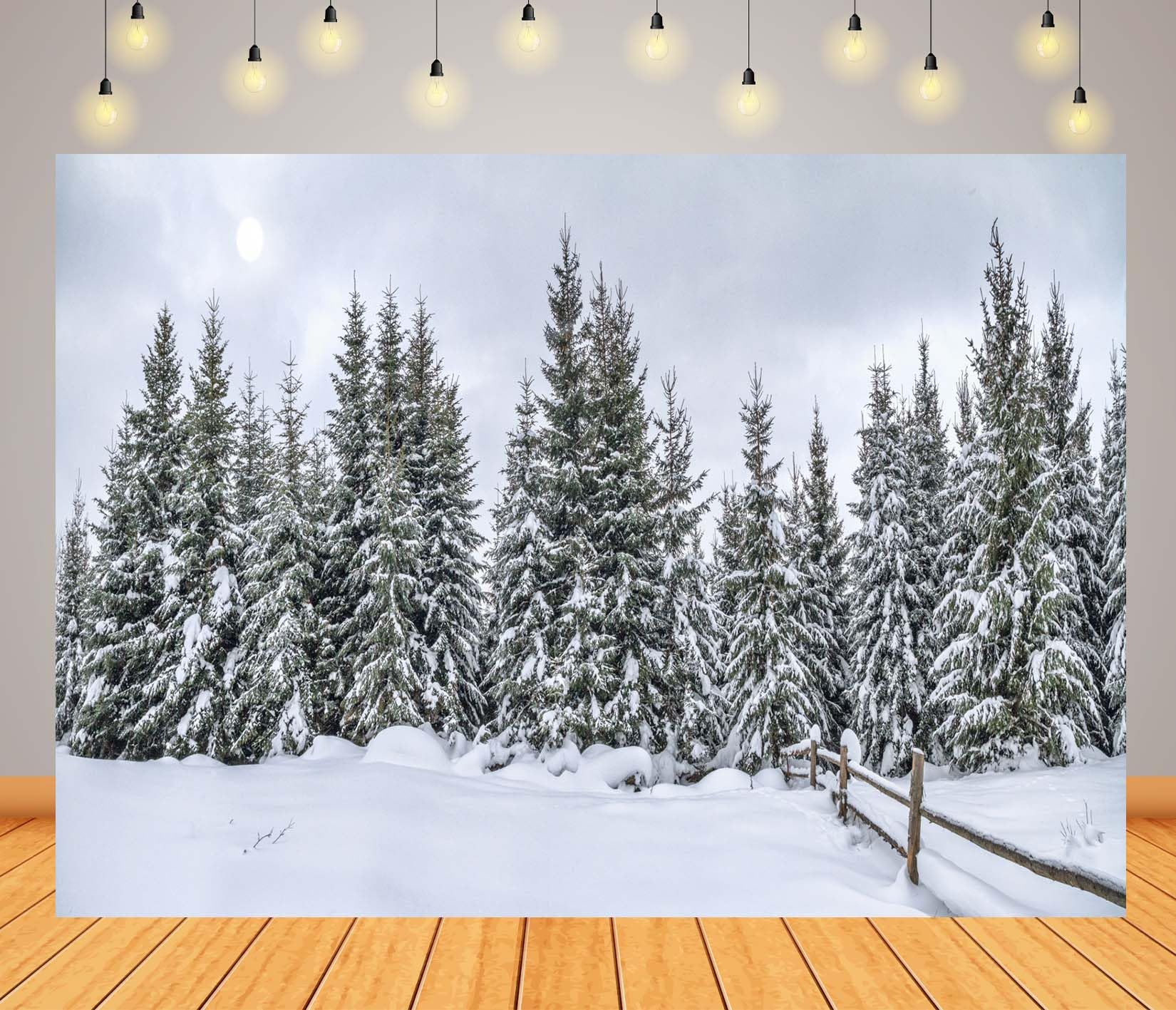4.5x2.5m Fondo de Bosque nevado con pinos perennes, Fondo de fotografía nevado, Paisaje Invernal al Aire Libre frío y Tranquilo, Fondos de Fotos, decoración navideña, Accesorios de sesión