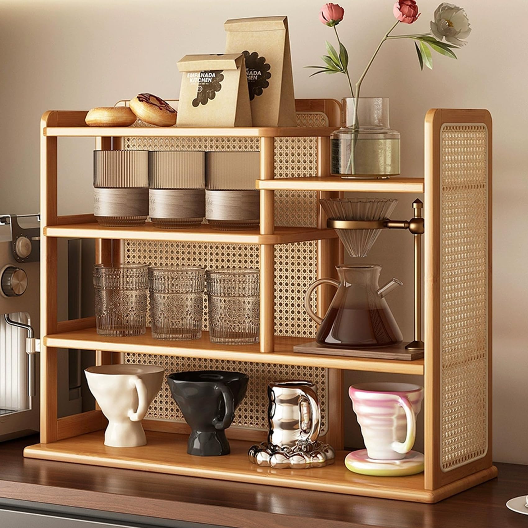 Scolapiatti multistrato in rattan, ripiano in legno di bambù, per soggiorno e cucina, struttura robusta inclusa