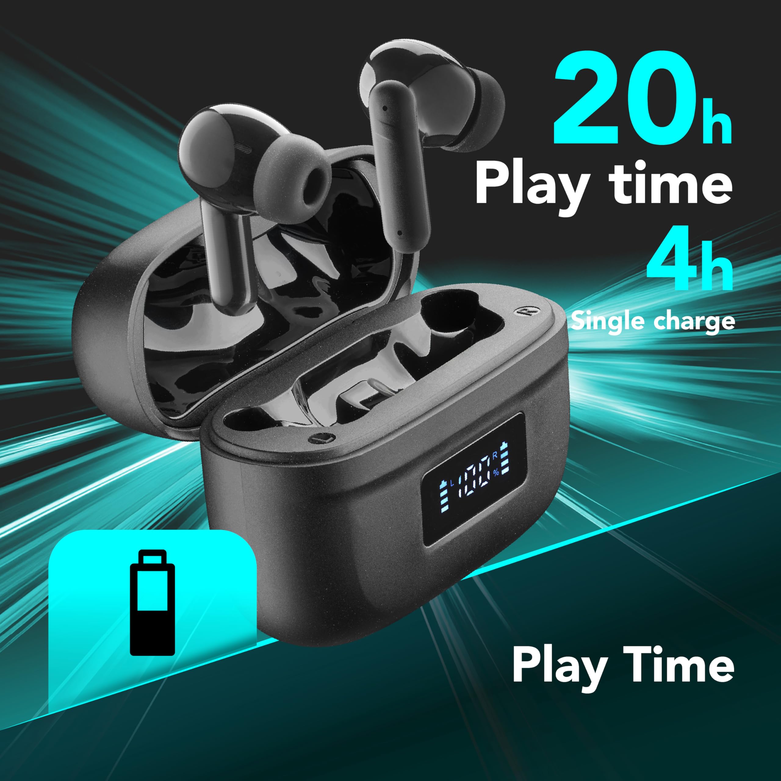 Cellularline Tone TWS Bluetooth Écouteurs Intra-Auriculaires avec ENC (Environnement Noise Cancelling), 4 Microphones, écran LED, Total Play Time 20 Heures, Noir