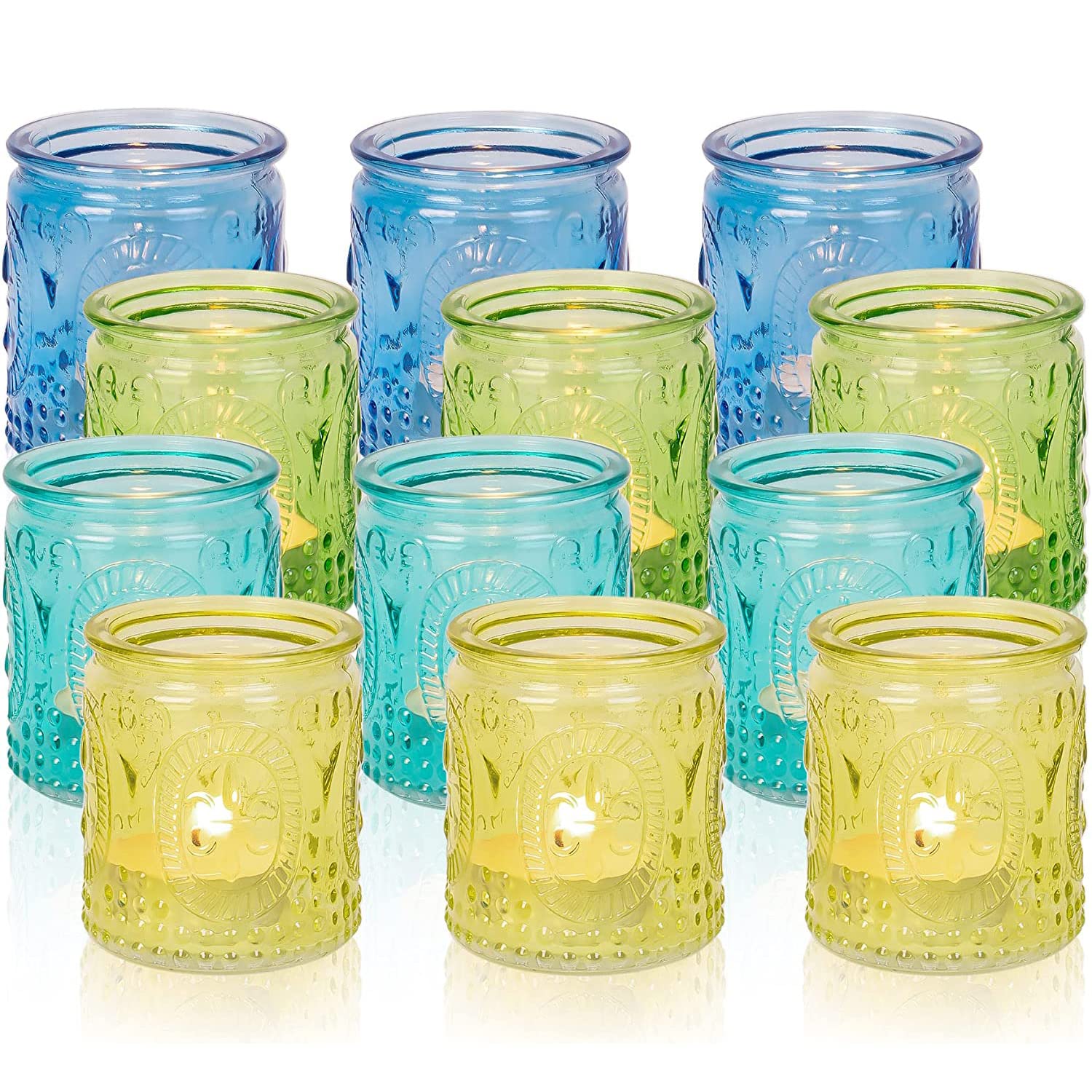 Glass Tealight Candle Holder 12pcs Vintage Votive Candle Holder 4 Colors Small Embossed Tea Light Holder Clear Candle Jar Bulk Floating Candle Lamp Cup for Party Wedding Table Centerpiece Decor Gift
