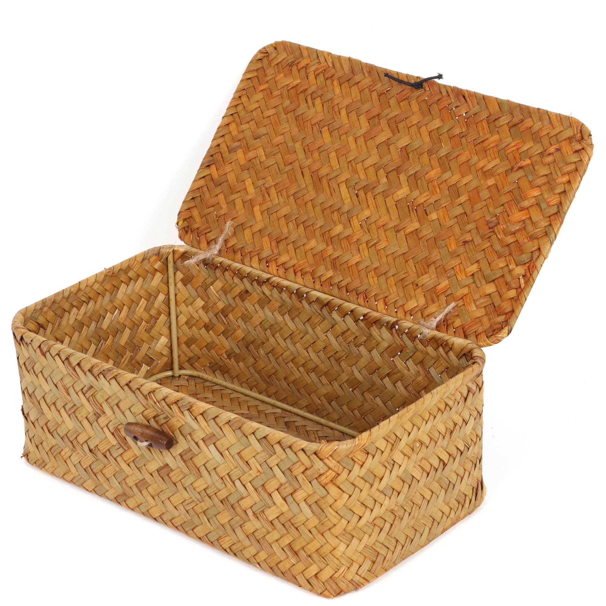 FEIALNDUO Wicker Shelf Baskets with Lid,Seagrass Storage Basket Bins Rectangular Handwoven Basket Boxes for Shelves Desktop Home Organizer (Natural