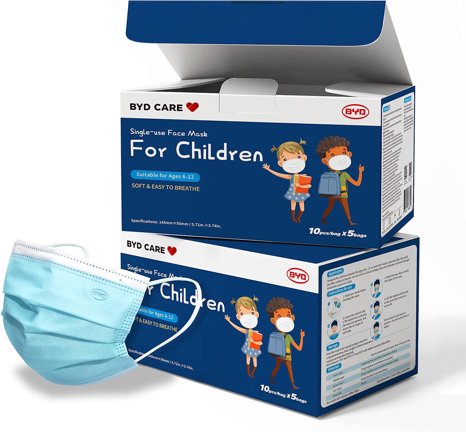 BYD CARE Single Use Face Mask for Children, Blue, 3-Layer Non-woven Fabric, Adjustable Nose Clip, Elastic Ear Loop, Daily use at Home, School, Restaurants, Playground, Outdoor and Indoor, 50 Pieces
