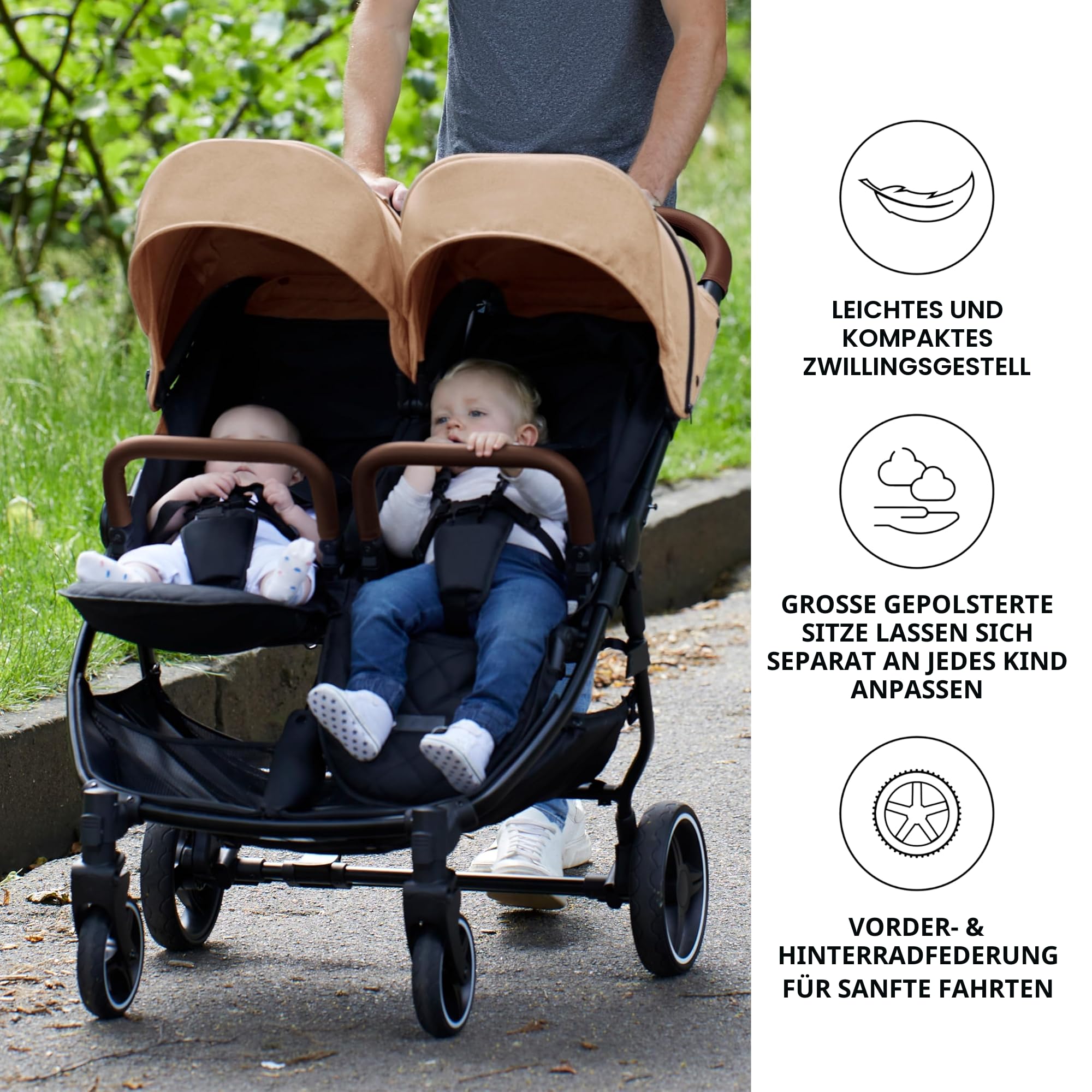 Ickle Bubba Venus Prime Doppelkinderwagen, leichter faltbarer Zwillingskinderwagen von Geburt bis 15 kg, mit Neugeborenenkokon, 2 Fußwärmern und Regenschutz