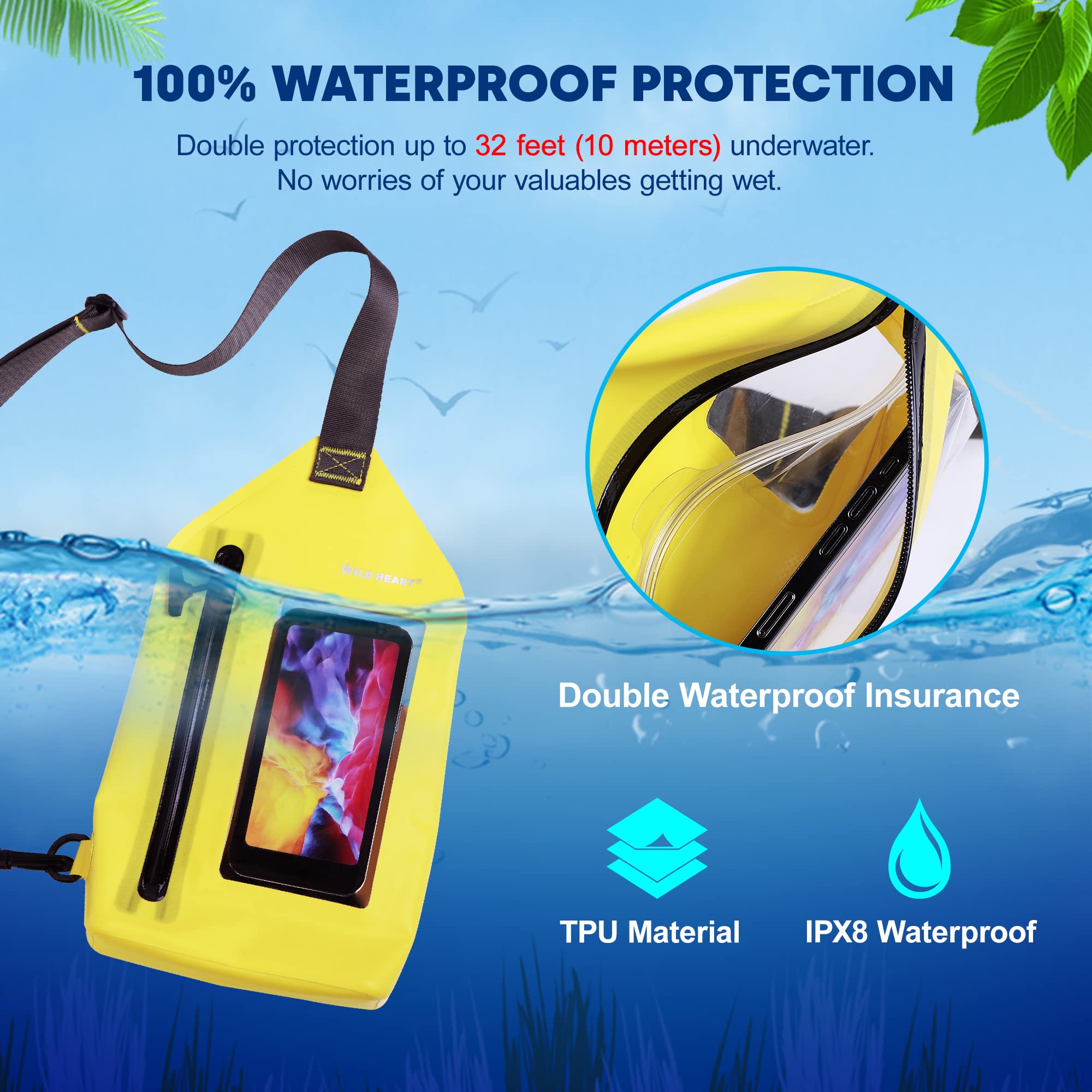 WILD HEART Waterproof sling Bag Pouch Fashion Diving Swimming Pool Beach Underwater Pouch Case Fully Waterproof Sea Fishing Diving Large Capacity Lightweight Bag(yellow)