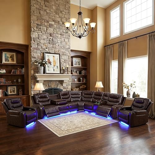 Miniatura 36 de Juego de sofá modular reclinable eléctrico para sala de estar, juego de sofá reclinable de cuero con luces LED / almacenamiento oculto, sofá en