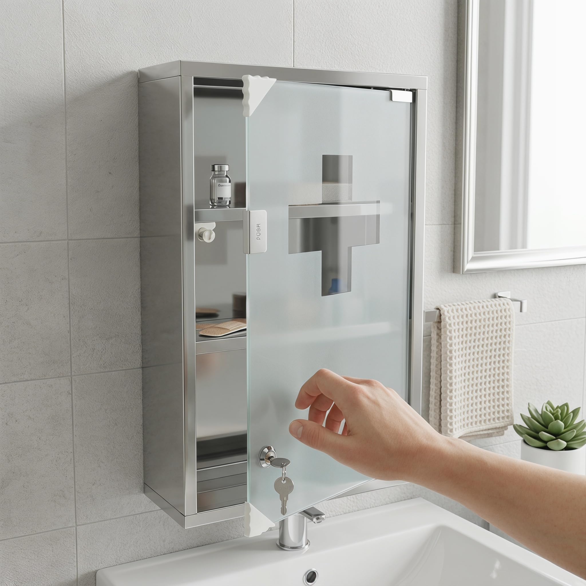 Armoire d'apothicaire murale en acier inoxydable, 50 cm de hauteur, 3 compartiments avec porte en verre, verrouillable avec 2 clés, armoire de premiers secours, argent