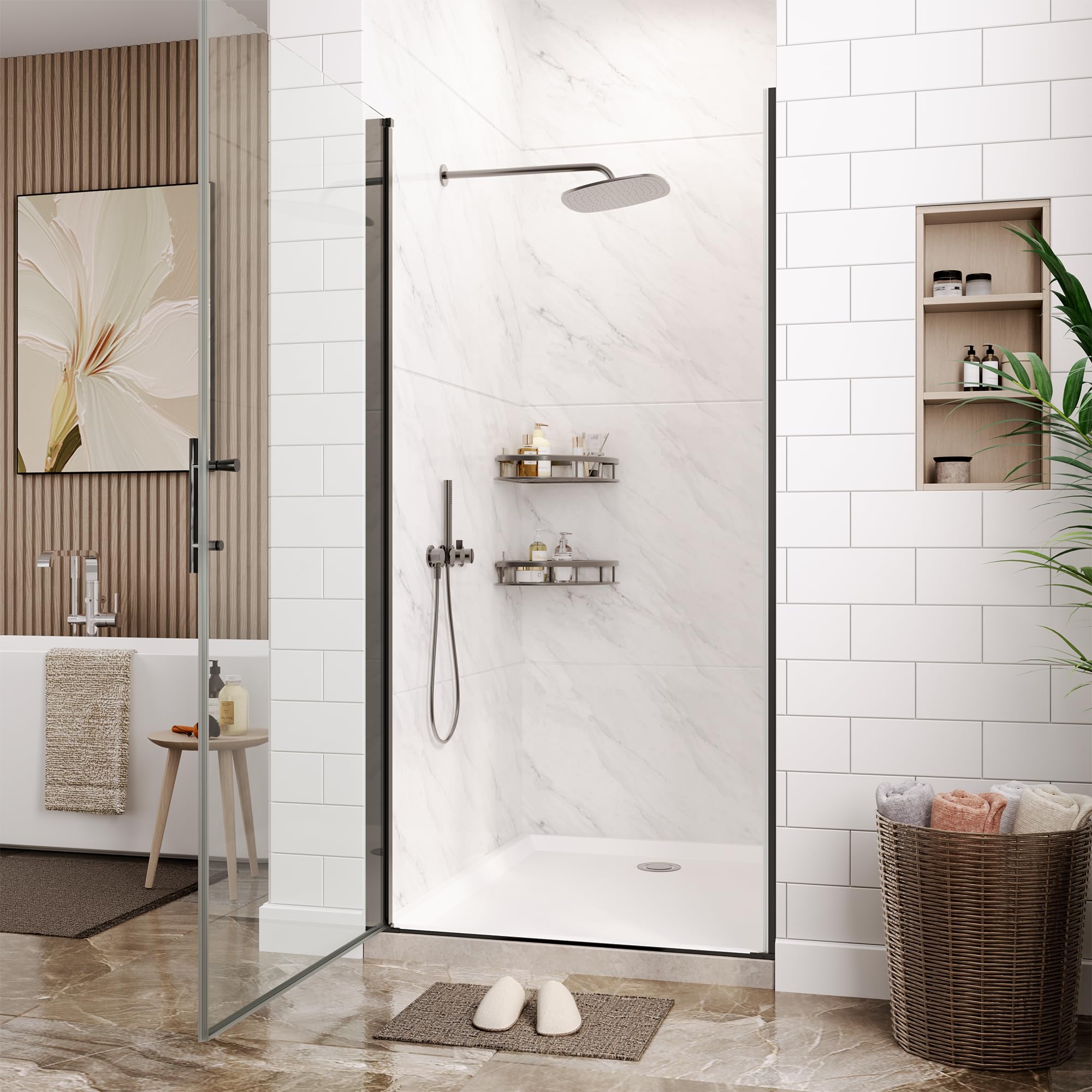 Frameless Hinged Shower Door with Pivot - 34 Inch Wide x 72 Inch High, 1/4" (6mm) Clear Tempered Glass, Reversible Inswing or Outswing Door, Easy-Clean Hydrophobic Coating, Brushed Nickel Finish